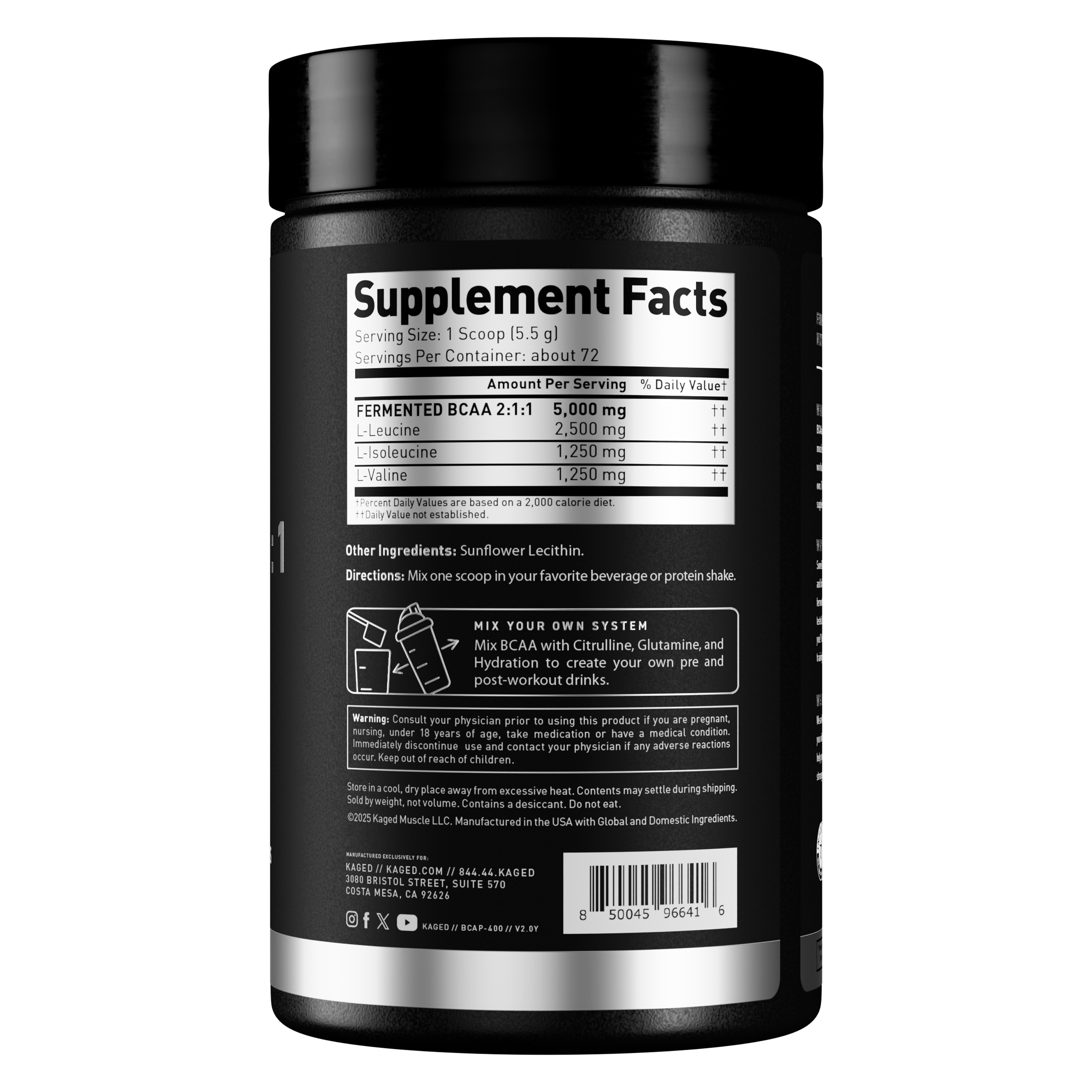 Close-up of BCAA 2:1:1 powder jar showing the 'Supplement Facts' label and serving size information on a black background