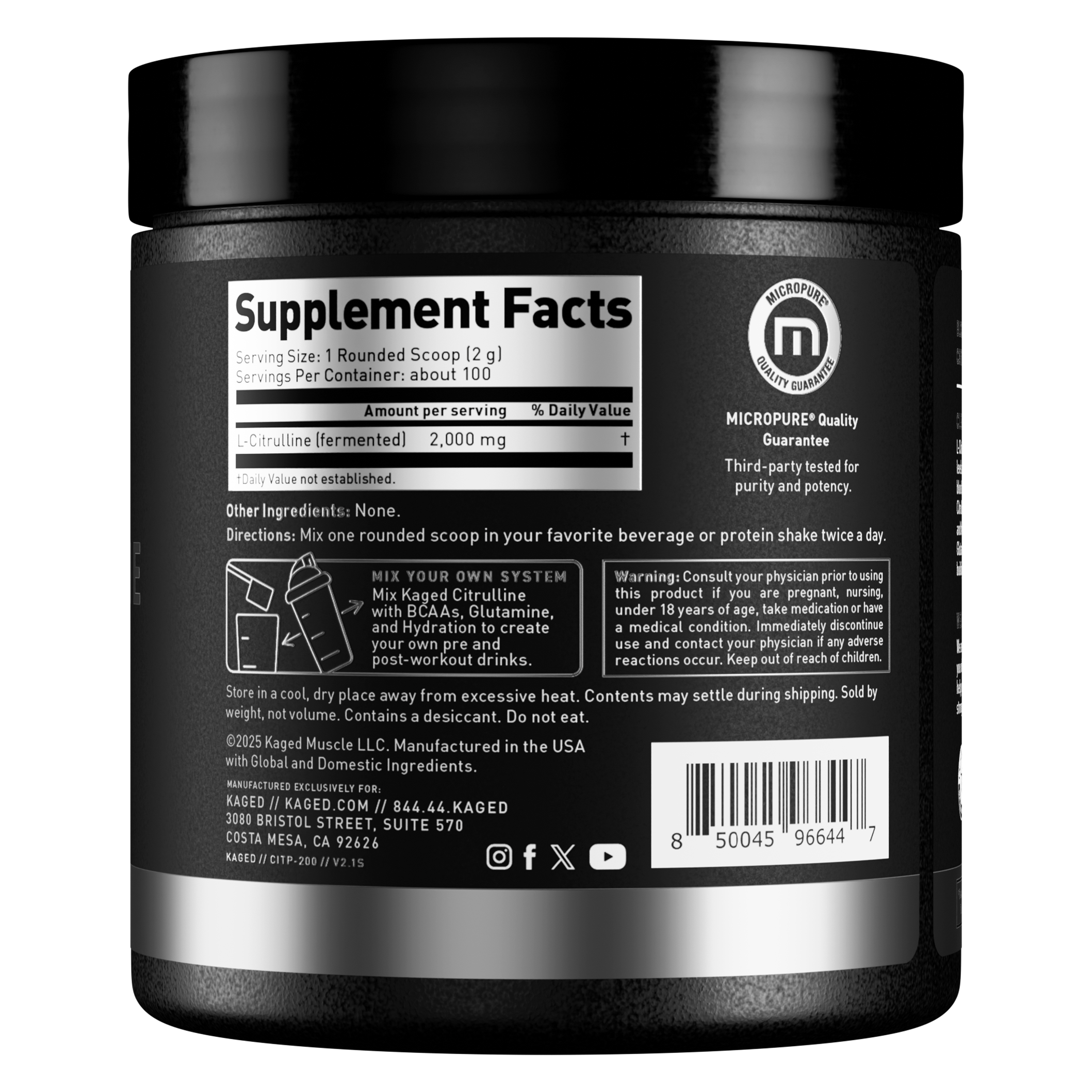 Close-up of L-Citrulline jar back label showing Supplement Facts with serving size 1 rounded scoop (2 g), L‑Citrulline 2,000 mg, and Micropure quality seal