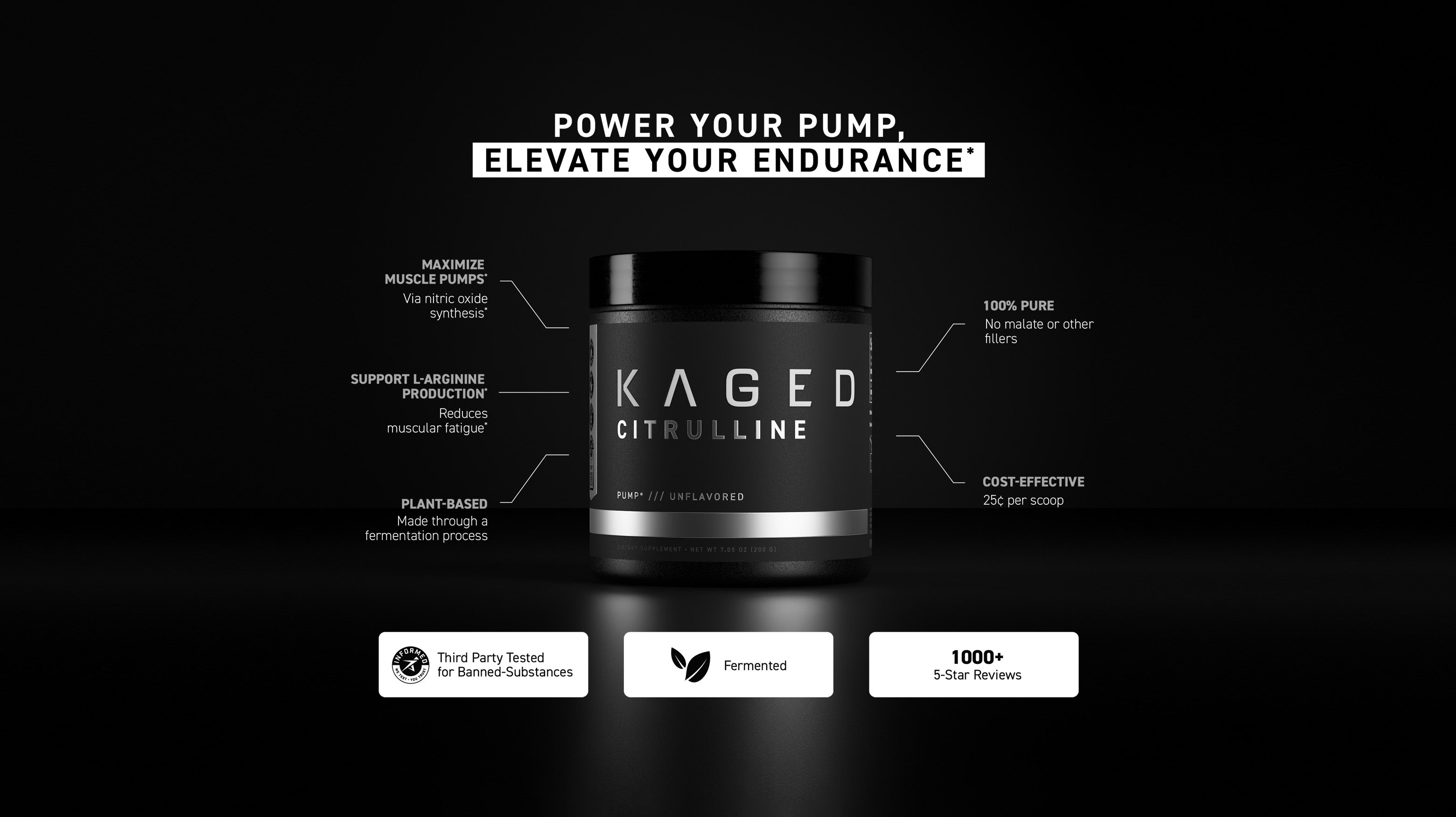 Kaged Citrulline banner with headline 'Power Your Pump, Elevate Your Endurance' and callouts: maximize pumps, L‑arginine support, plant‑based, 100% pure