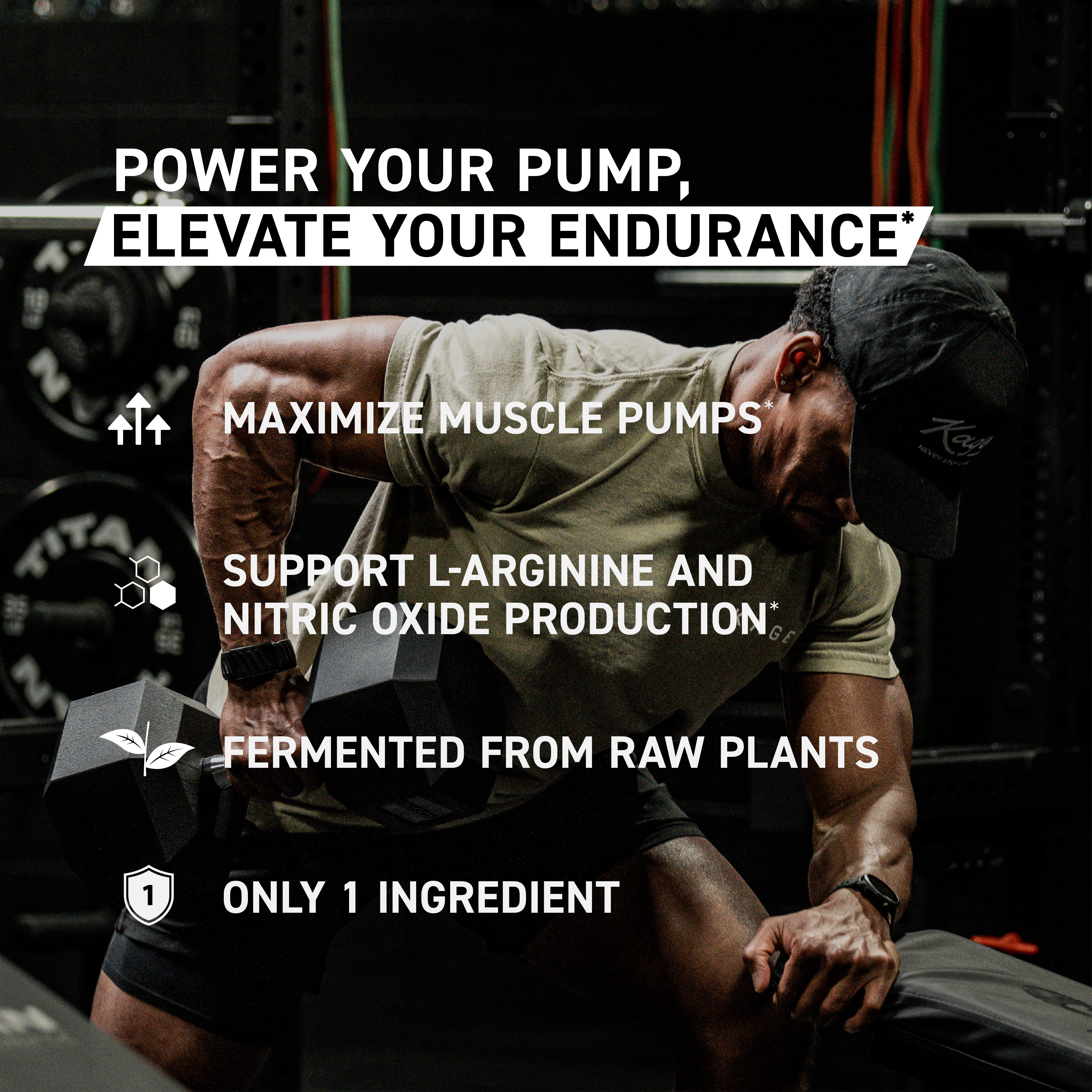 Promotional banner showing headline ‘Power your pump, elevate your endurance’ listing bigger pumps, nitric oxide, plant-based