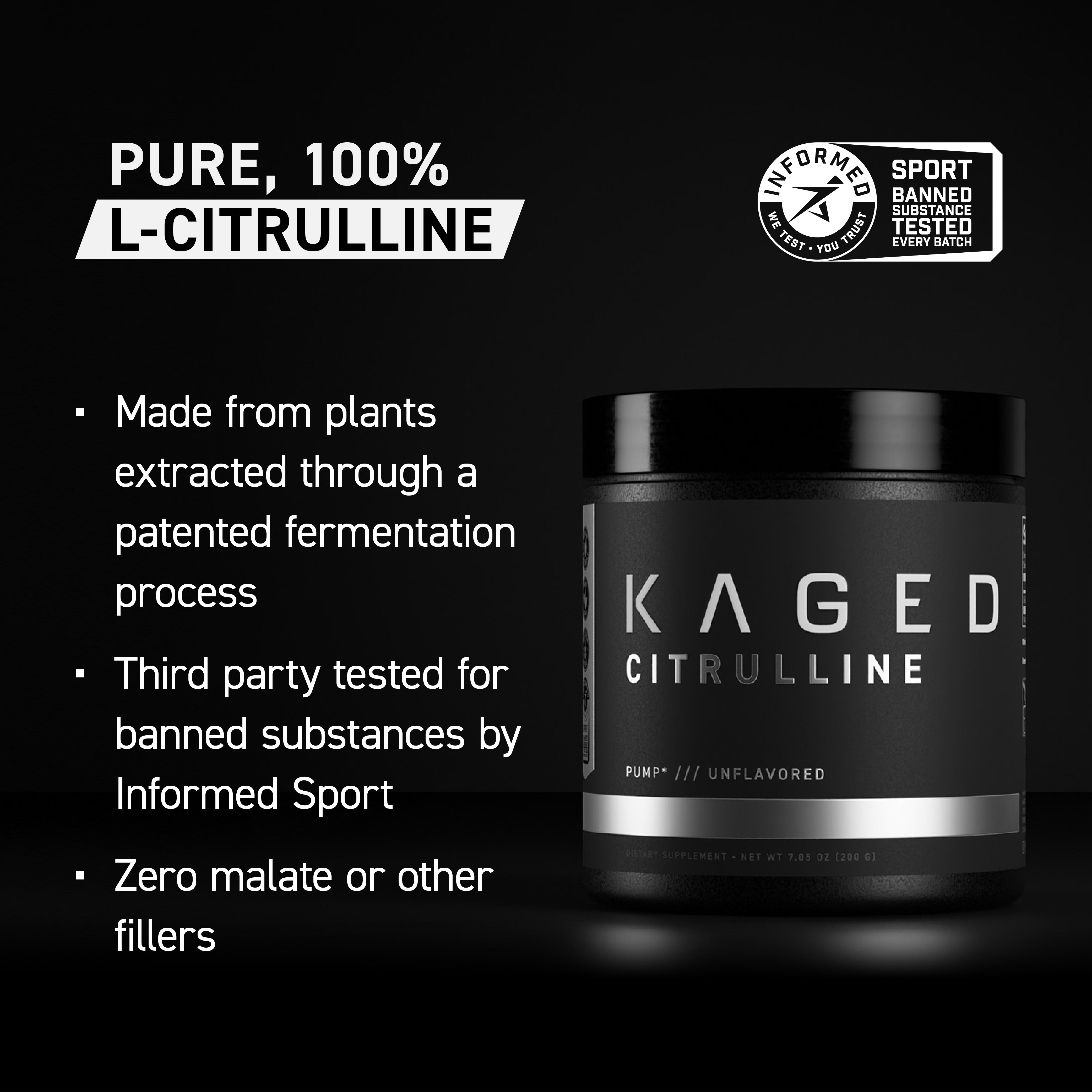 Angled front view of KAGED L-Citrulline supplement tub with headline PURE 100 percent L-CITRULLINE and Informed Sport tested badge on black background