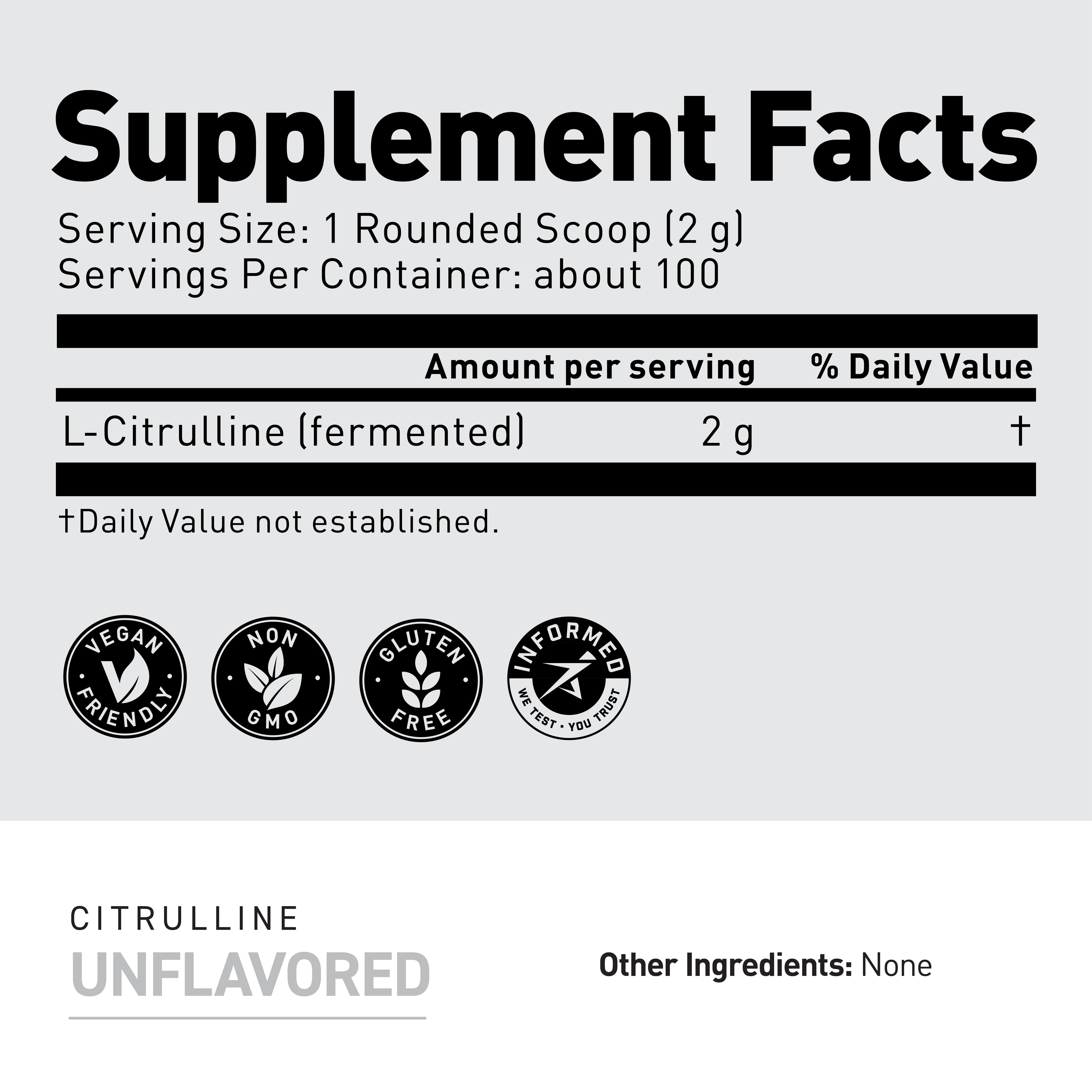 Supplement facts label showing serving size 1 rounded scoop (2 g), L‑Citrulline 2 g per serving, vegan/non‑GMO/gluten free and Informed Sport icons