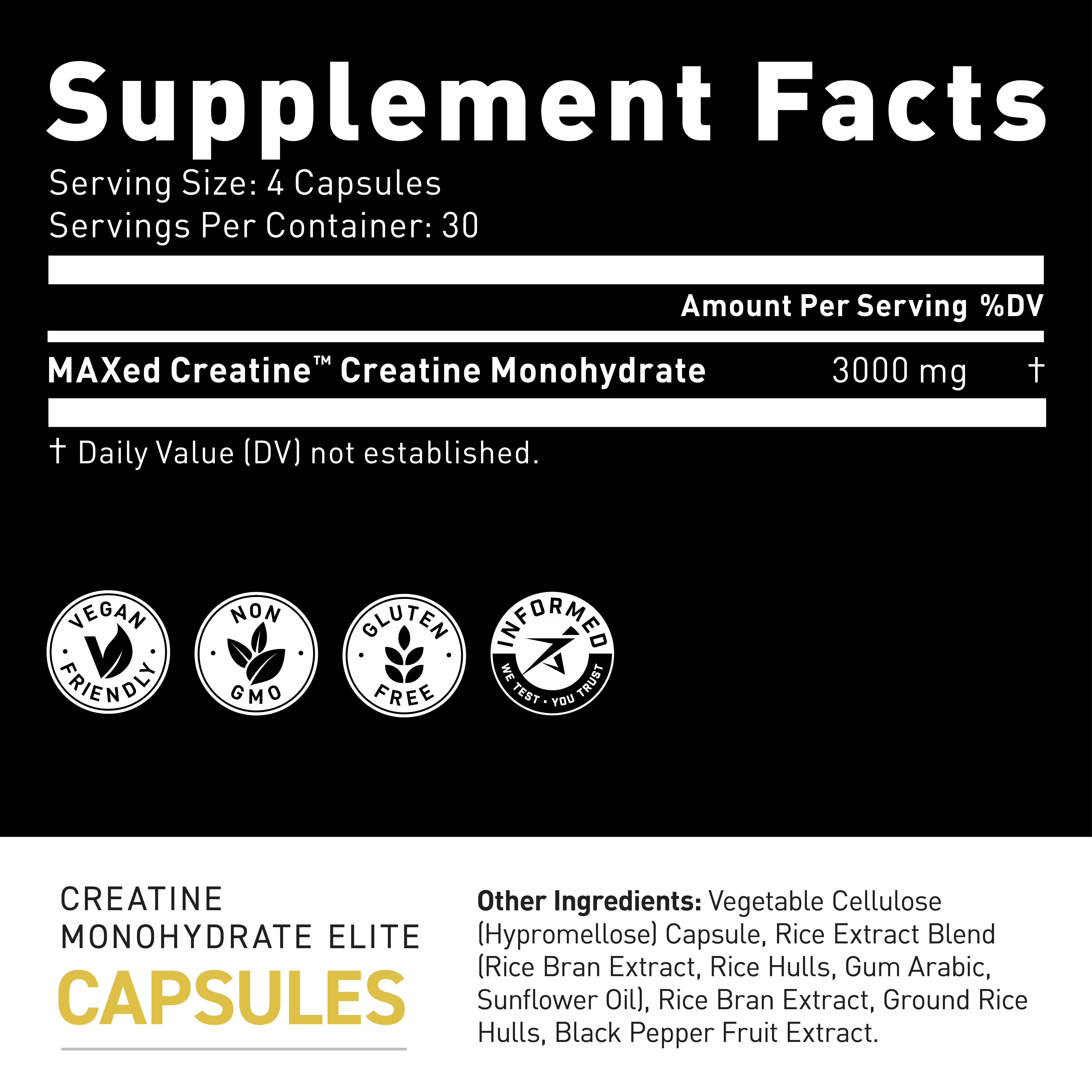 Supplement Facts label showing serving size 4 capsules, 30 servings per container, and 3000 mg creatine monohydrate per serving