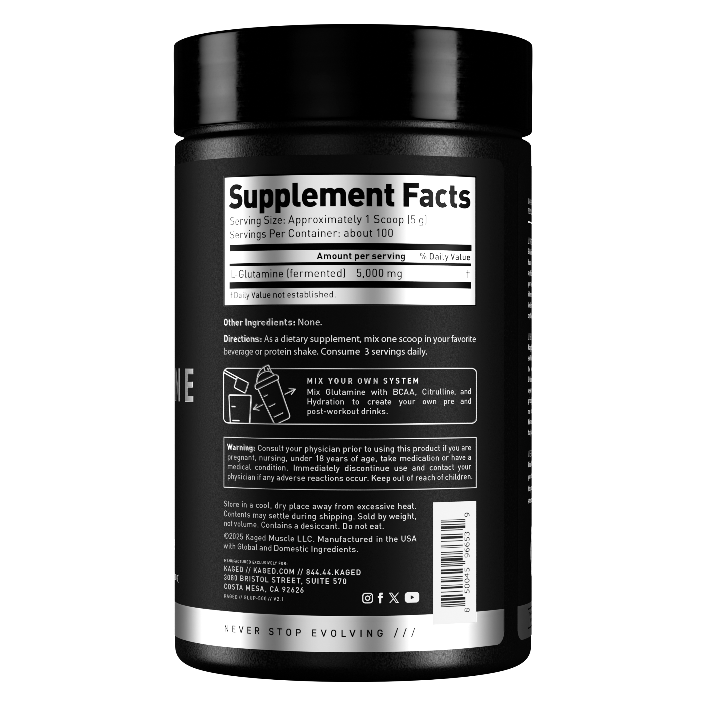 Close-up back of Glutamine 500 g container showcasing Supplement Facts label with serving size and L‑Glutamine 5,000 mg on black background