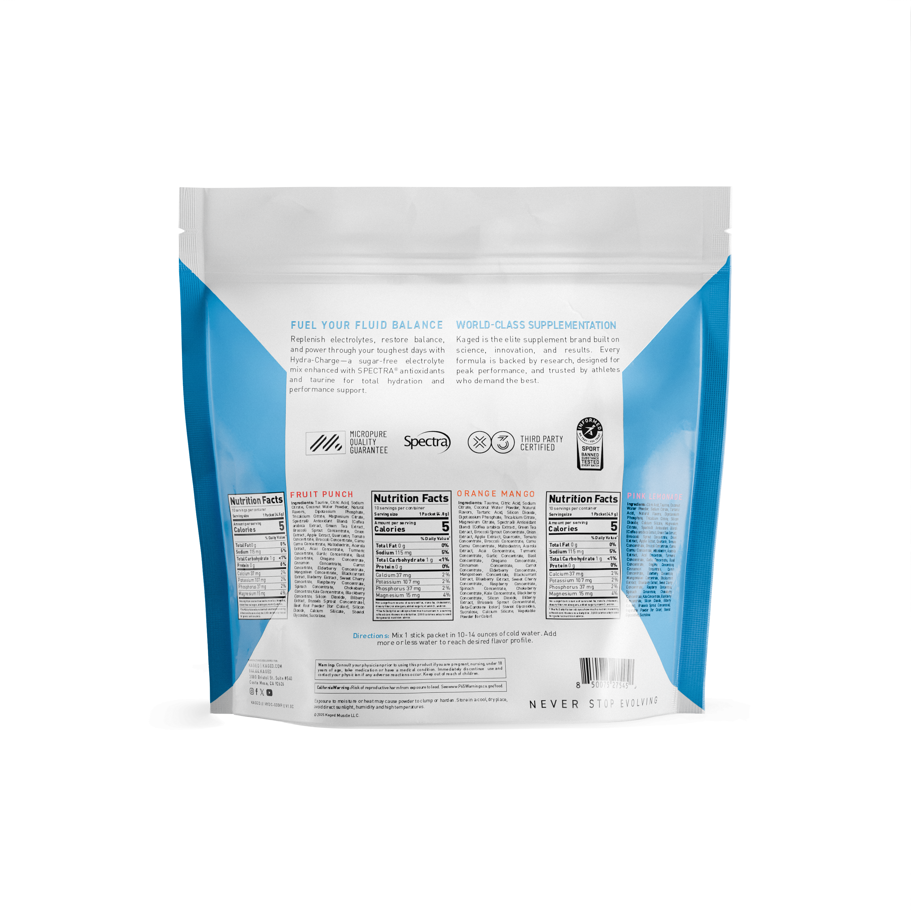Back of Hydra-Charge Variety Stick Bag 30ct showing headline Fuel Your Fluid Balance, nutrition facts, flavor columns, and certification logos