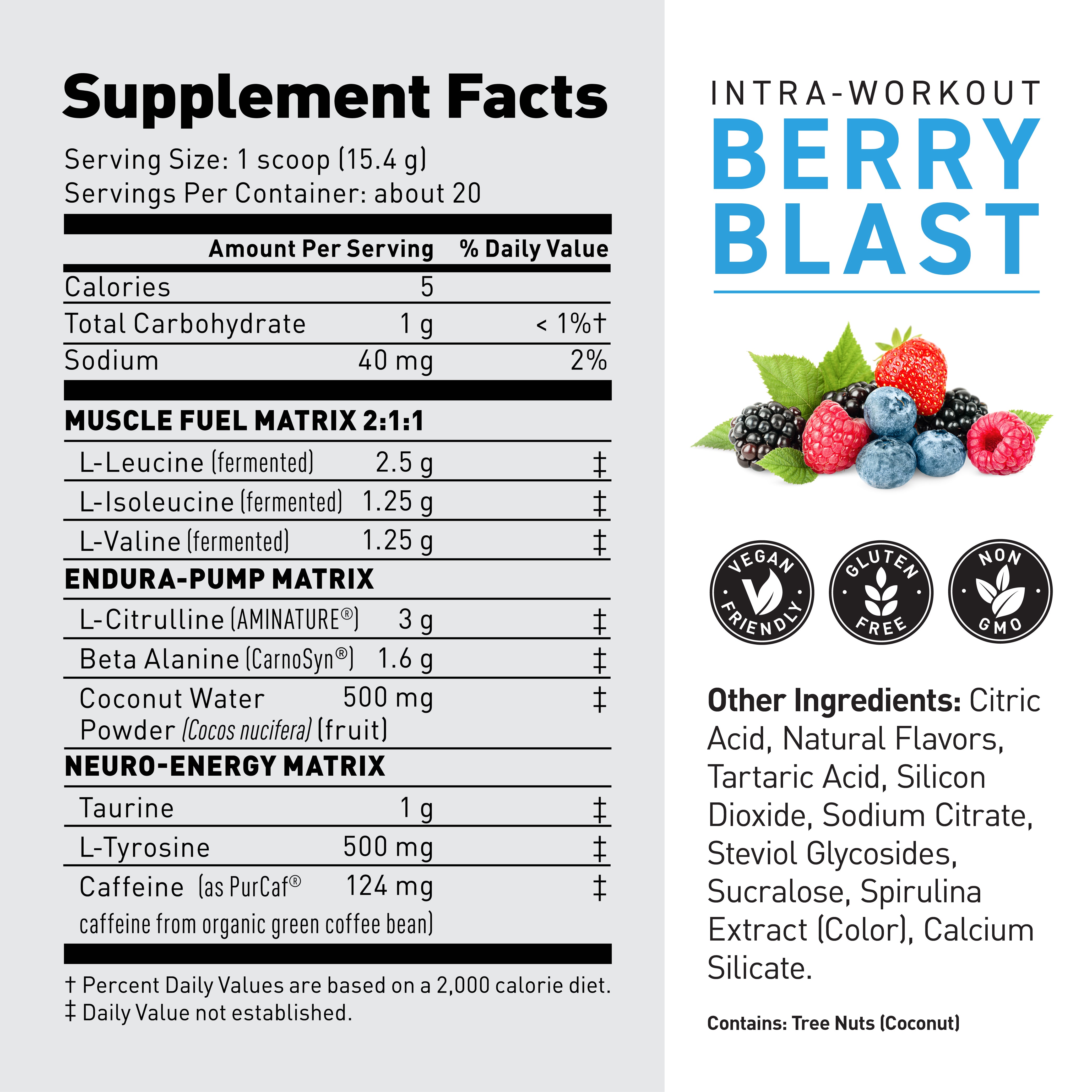 Close-up of In‑Kaged intra-workout supplement label showing BERRY BLAST flavor name, supplement facts panel, mixed berries image and certification icons #flavor_blue raspberry