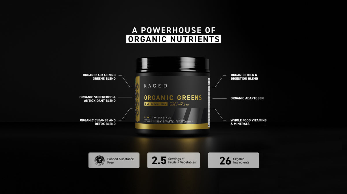 Kaged Organic Greens Elite tub with headline A POWERHOUSE OF ORGANIC NUTRIENTS and labeled blend benefits on black background
