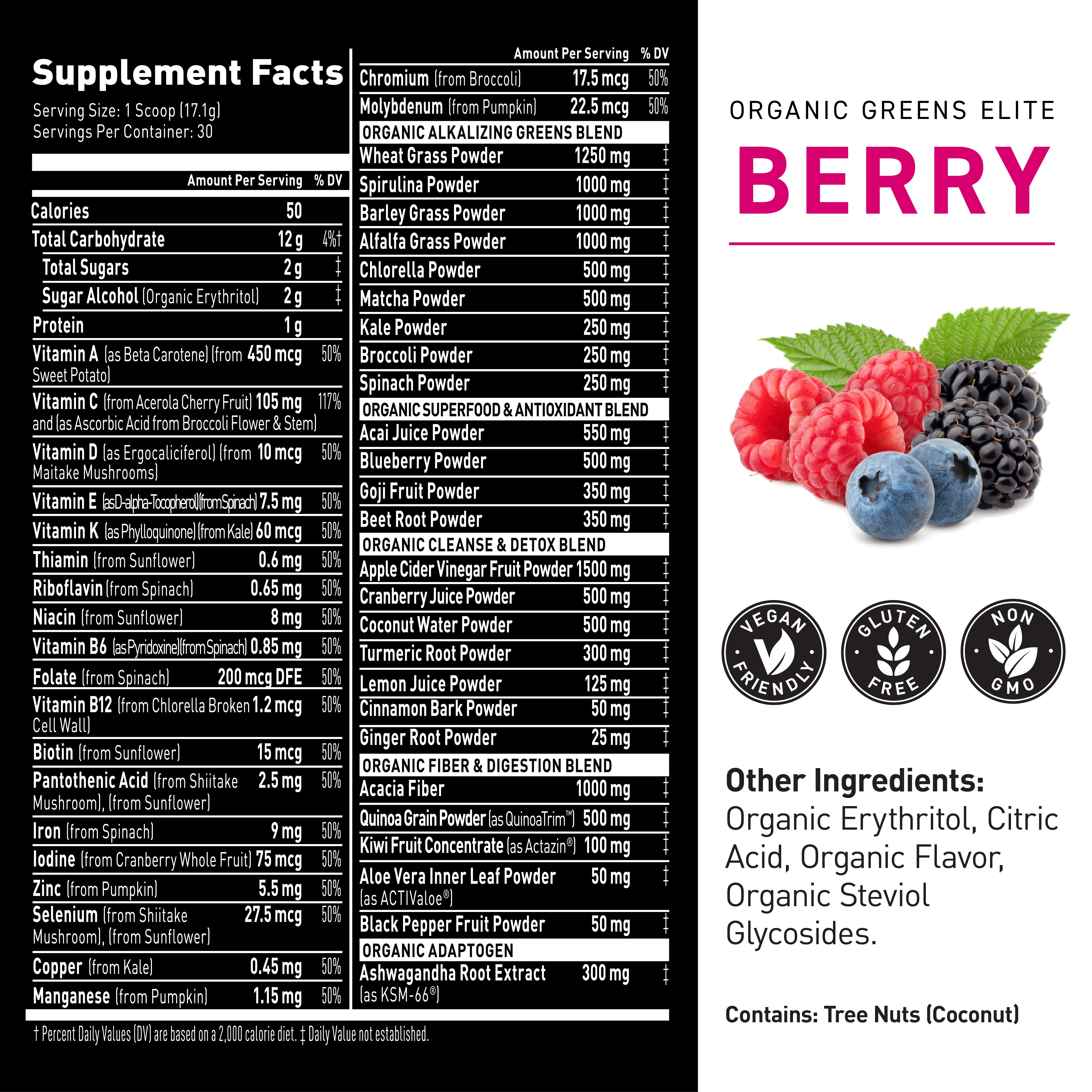 Close-up of Organic Greens Elite label showing Supplement Facts, large 'BERRY' flavor headline, berry photo, and vegan/gluten-free/non-GMO icons