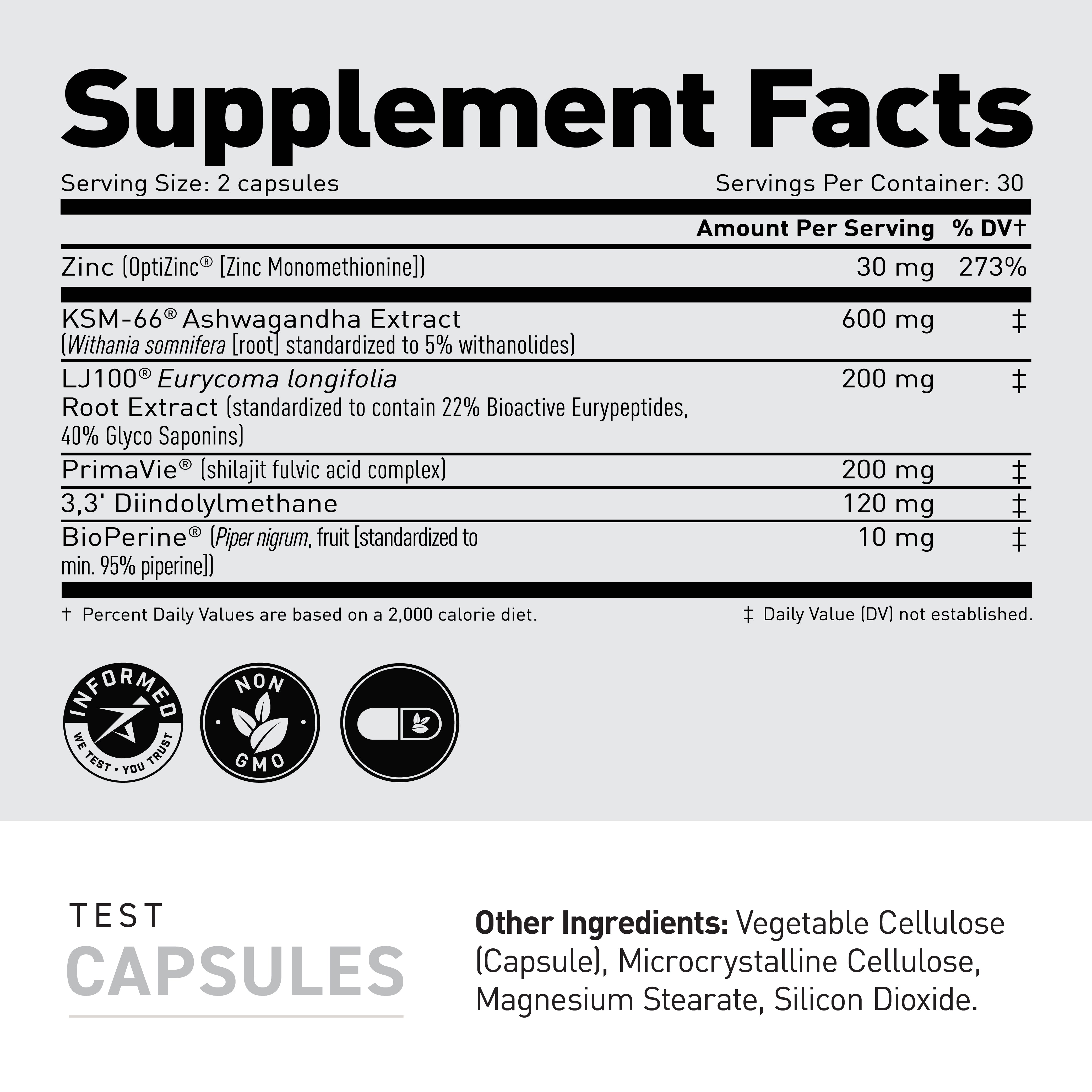 Supplement facts label showing serving size 2 capsules and key ingredients: Zinc 30 mg (273% DV) and KSM‑66 ashwagandha 600 mg