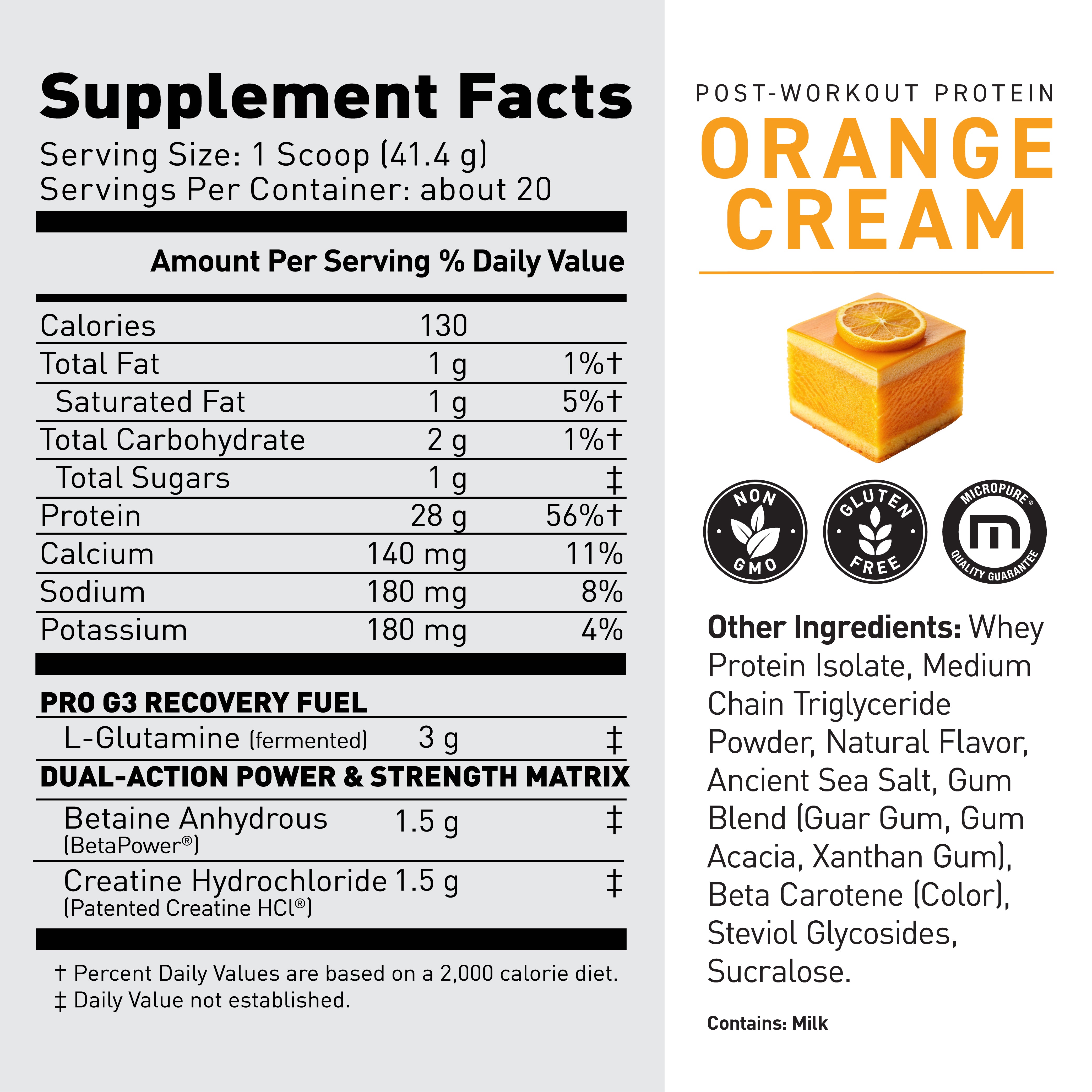 Nutrition facts panel for Re-Kaged post-workout protein, Orange Cream flavor, serving size 1 scoop, 28 g protein per serving #flavor_orange cream