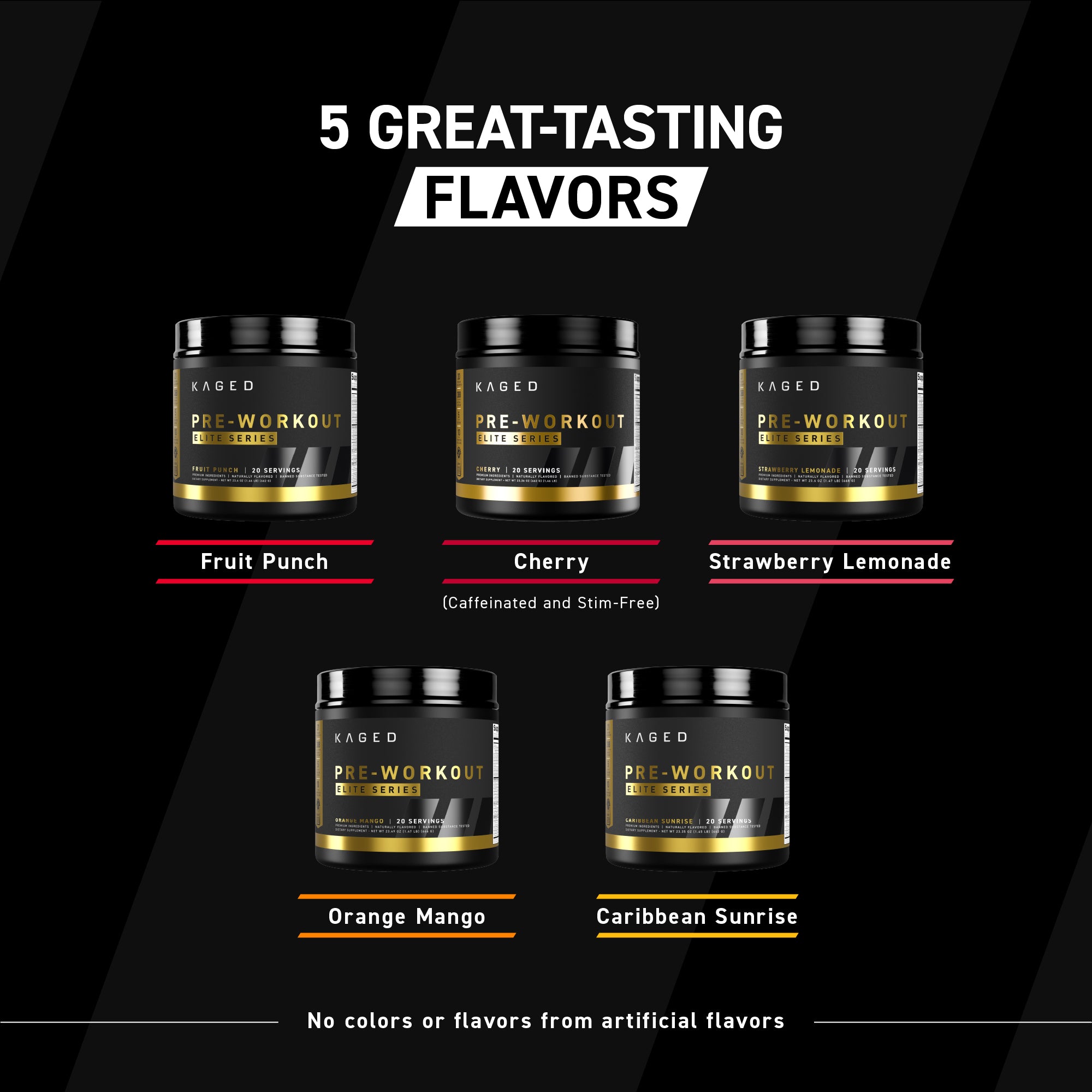 Kaged Pre-Workout supplement containers with flavor options on a black background