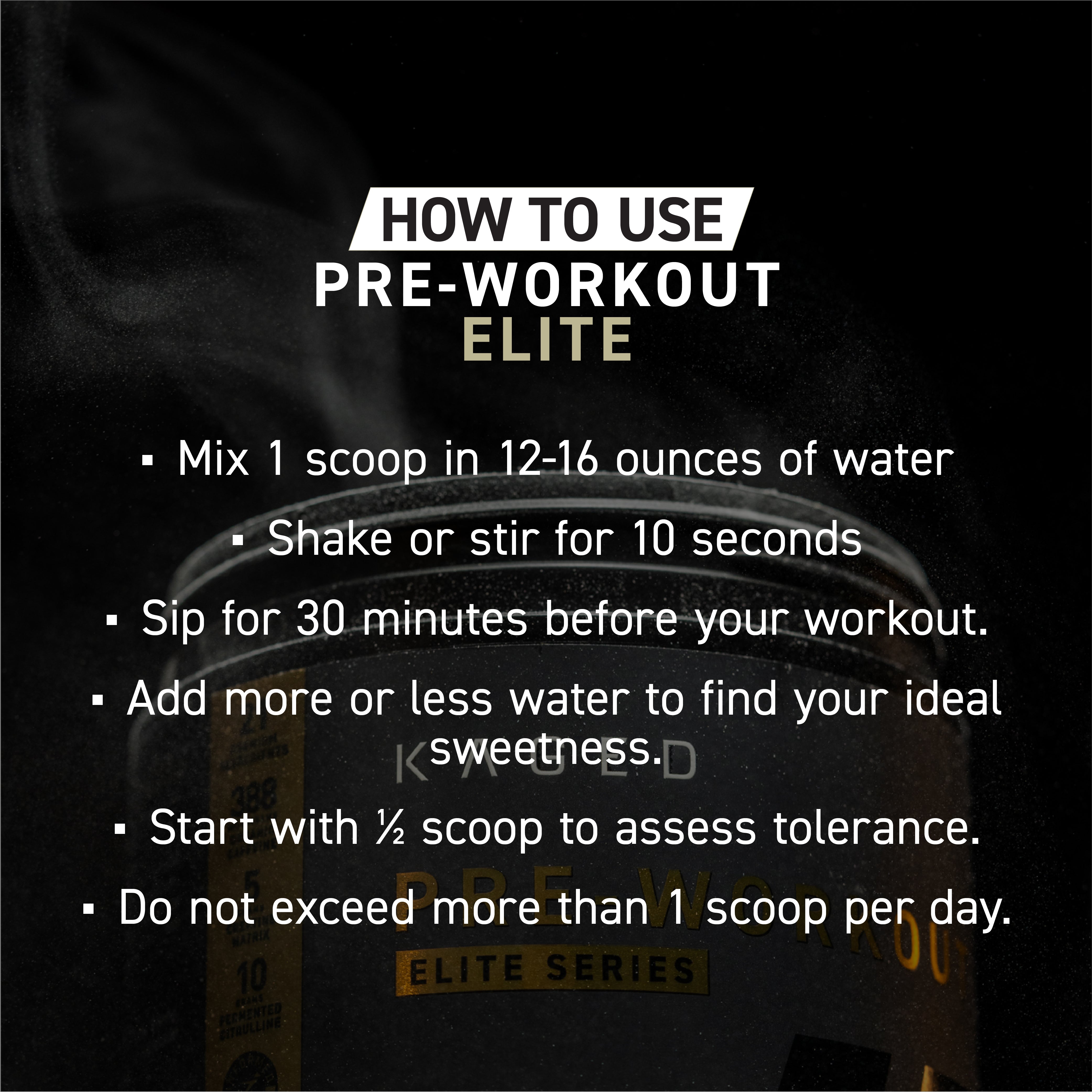 Banner showing how to use Pre-Workout Elite with mixing, shaking, sip 30 minutes before workout, and dosing instructions
