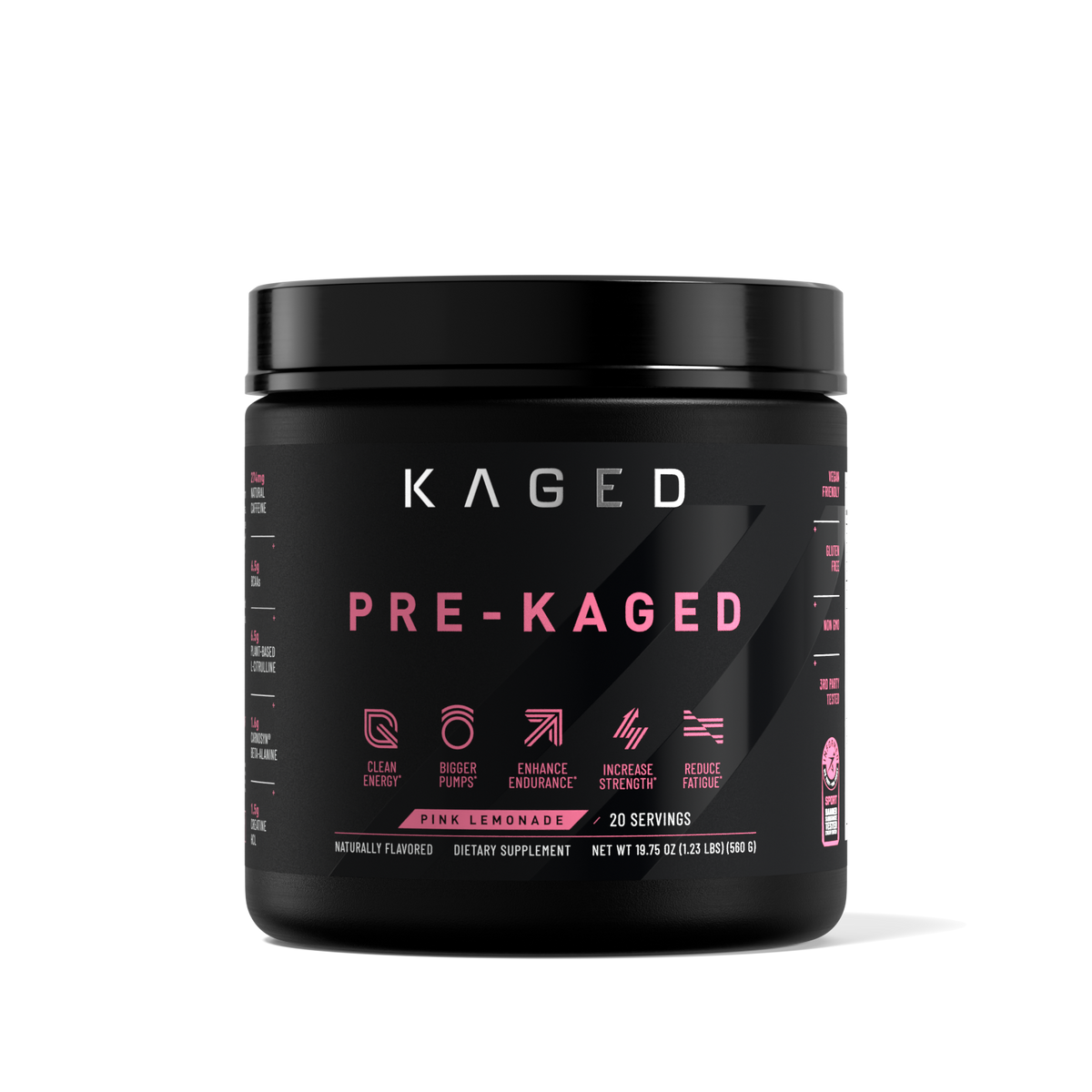 Front view of Pre-Kaged pre-workout tub showing black label with pink PRE WORKOUT text and Pink Lemonade flavor #flavor_pink lemonade