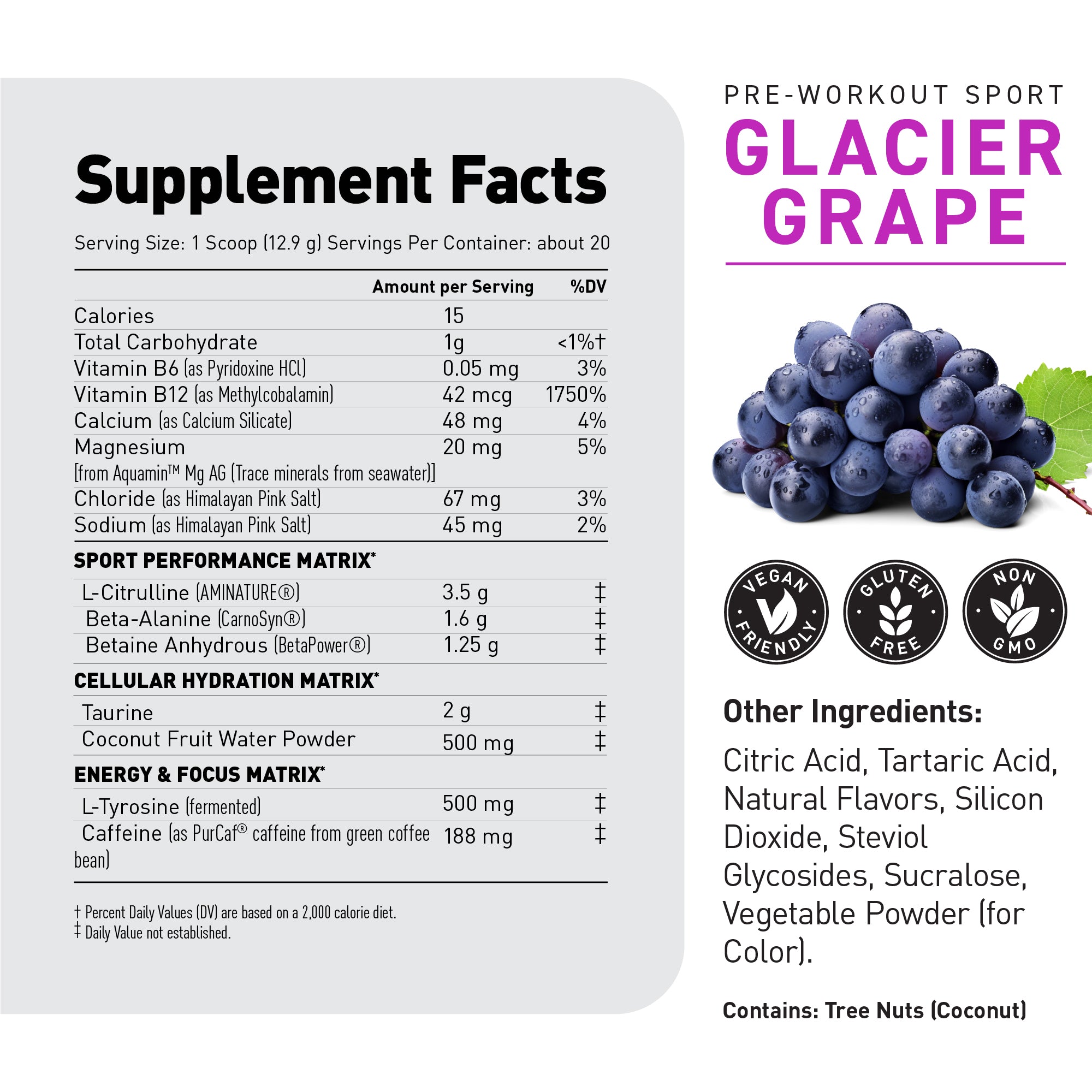 Close-up of Pre-Workout Sport label showcasing Supplement Facts panel and Glacier Grape flavor with grapes image #flavor_glacier grape