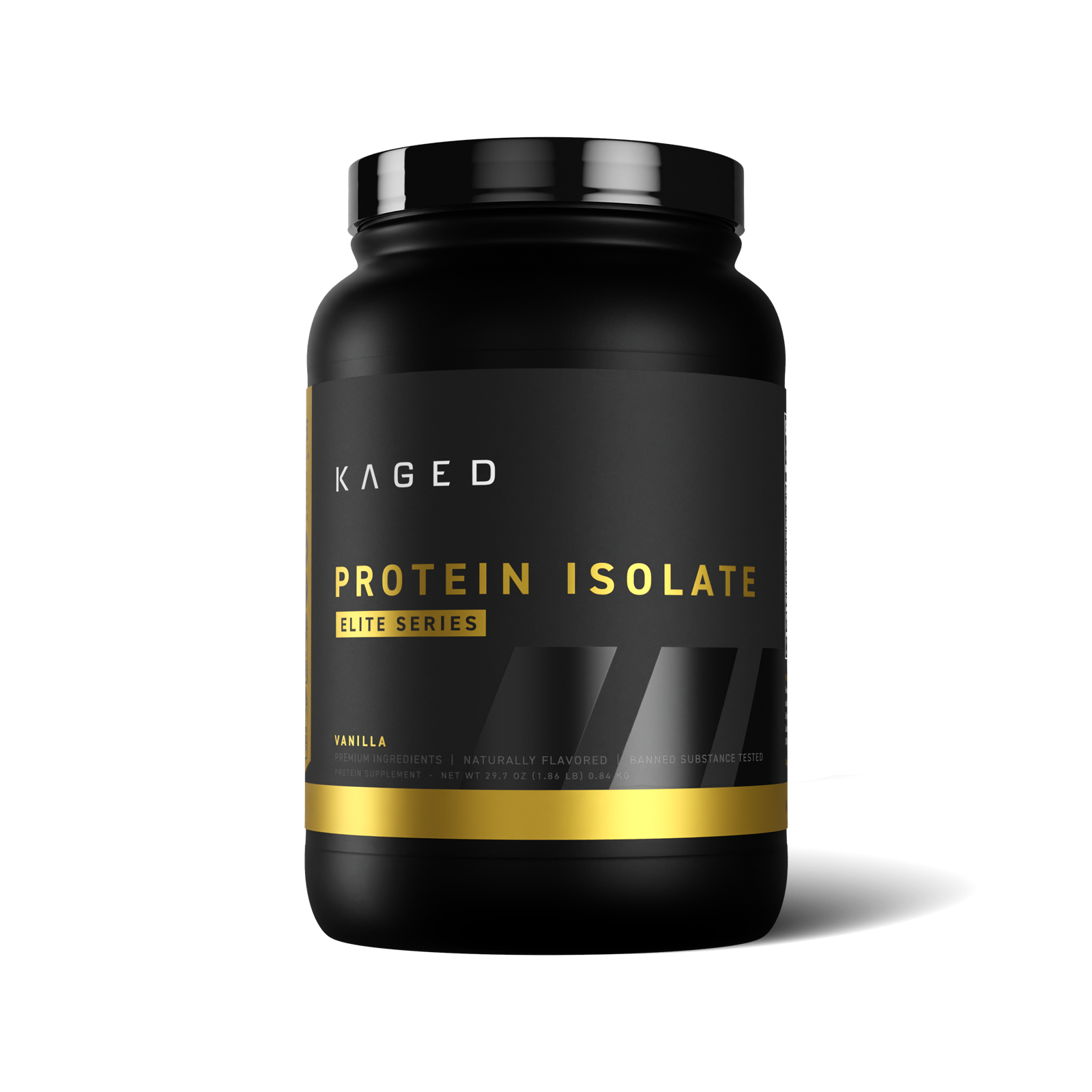 Front view of Protein Isolate Elite tub in vanilla flavor showcasing black and gold label on white background #flavor_vanilla