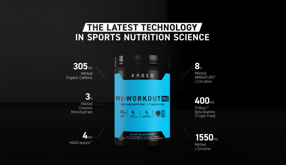 Infographic showing KAGED Pre-Workout Max with 305 mg caffeine, 8 g L-citrulline, 3 g creatine, and 400 mg beta-alanine