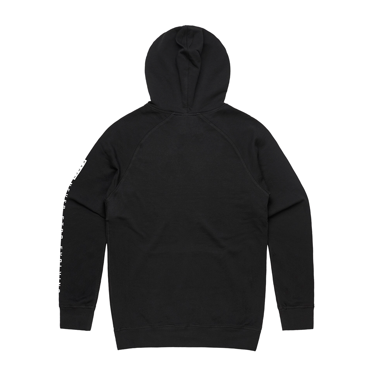 Back view of Team Kaged Hoodie in black showing white vertical KAGED text on left sleeve on plain background