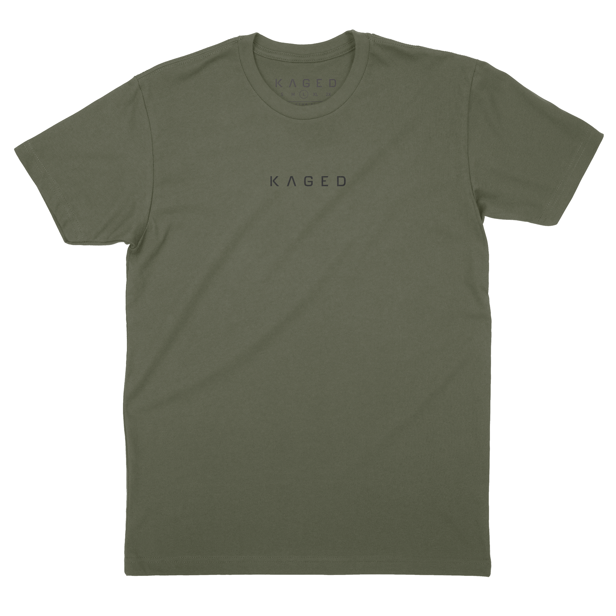 Front view of Never Stop Evolving T-shirt showcasing centered black KAGED logo on plain background #color_army green