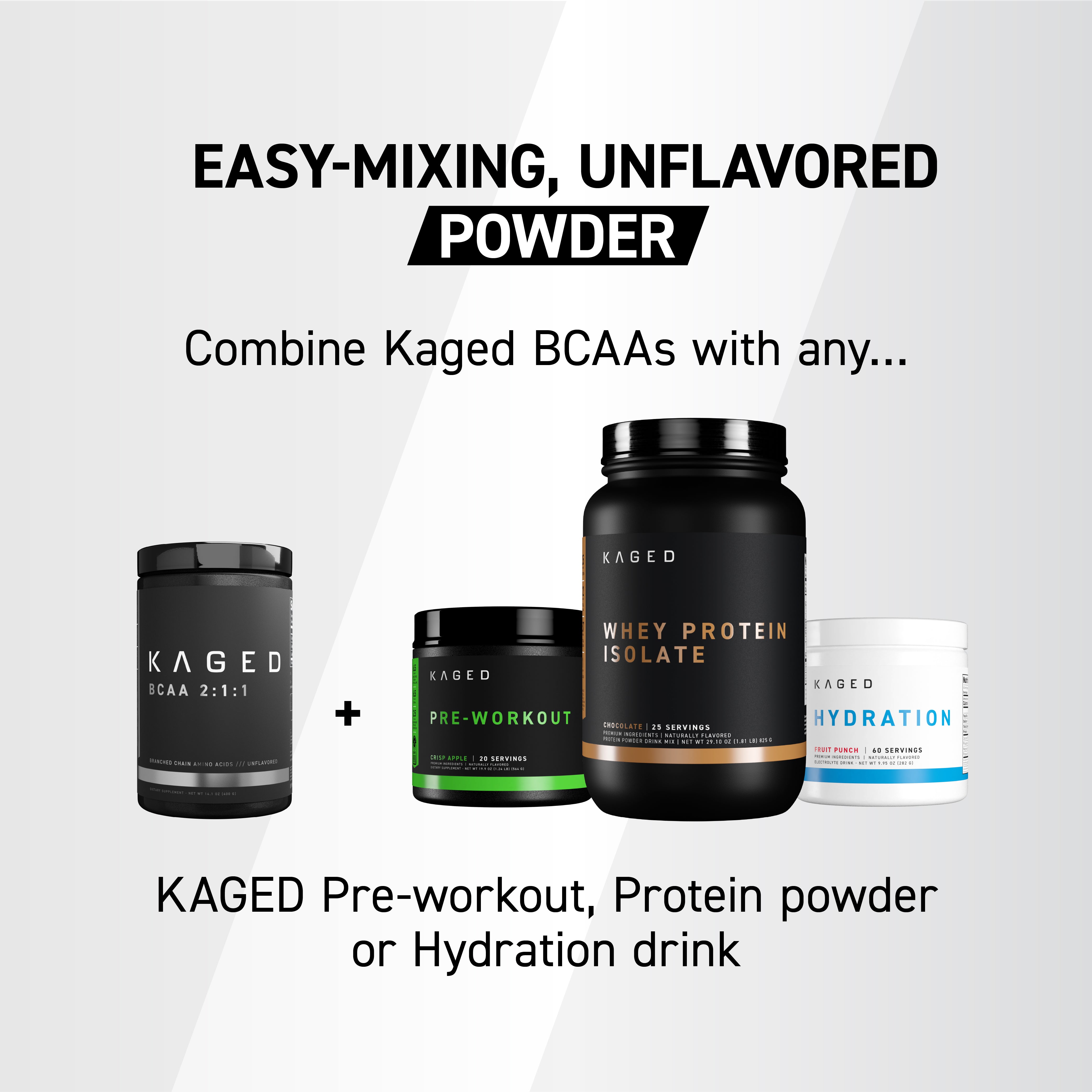 Banner with headline Easy-mixing, unflavored powder and Kaged supplement bottles on a light gradient background