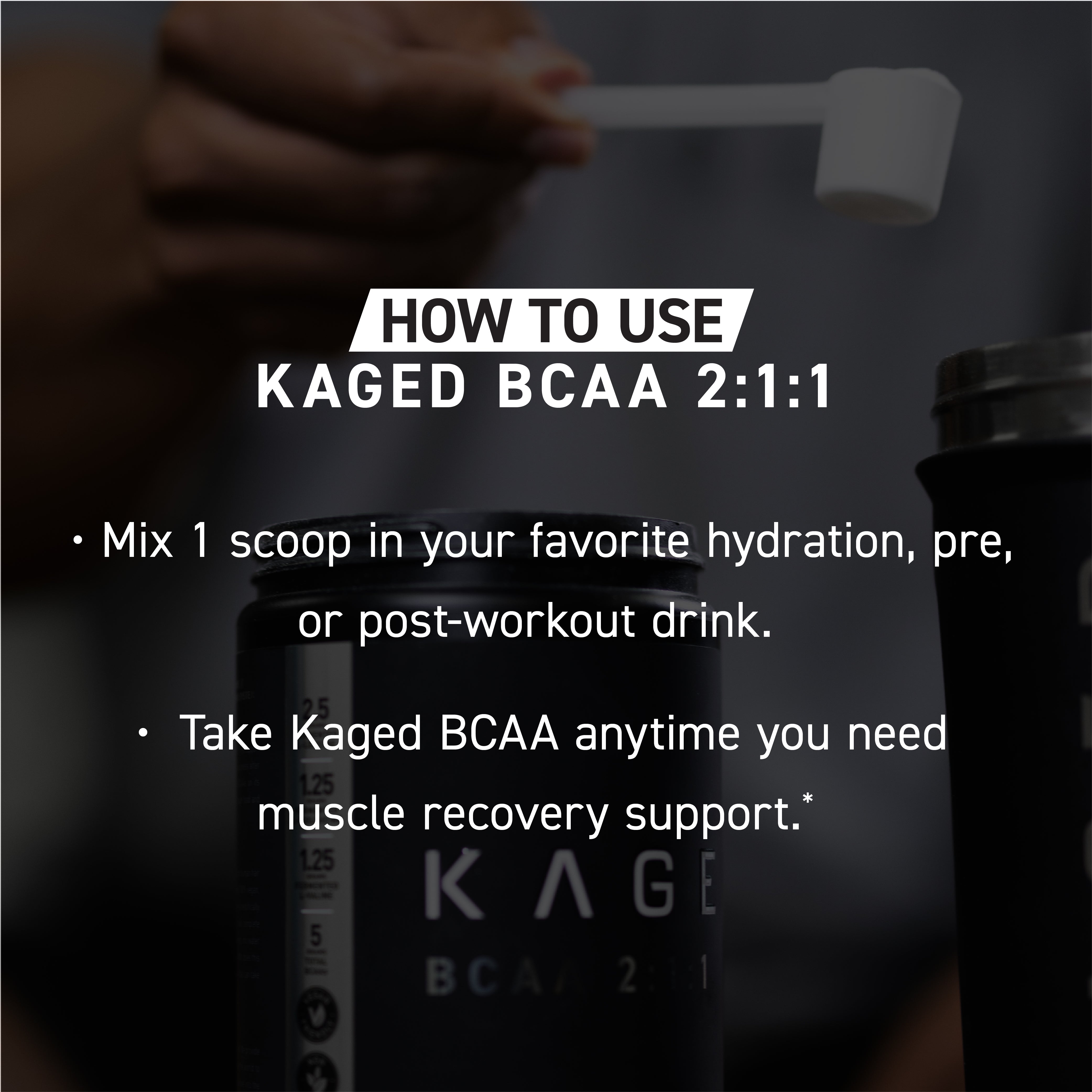 Banner reading 'HOW TO USE KAGED BCAA 2:1:1' over a blurred photo of a scoop and BCAA jar with usage instructions