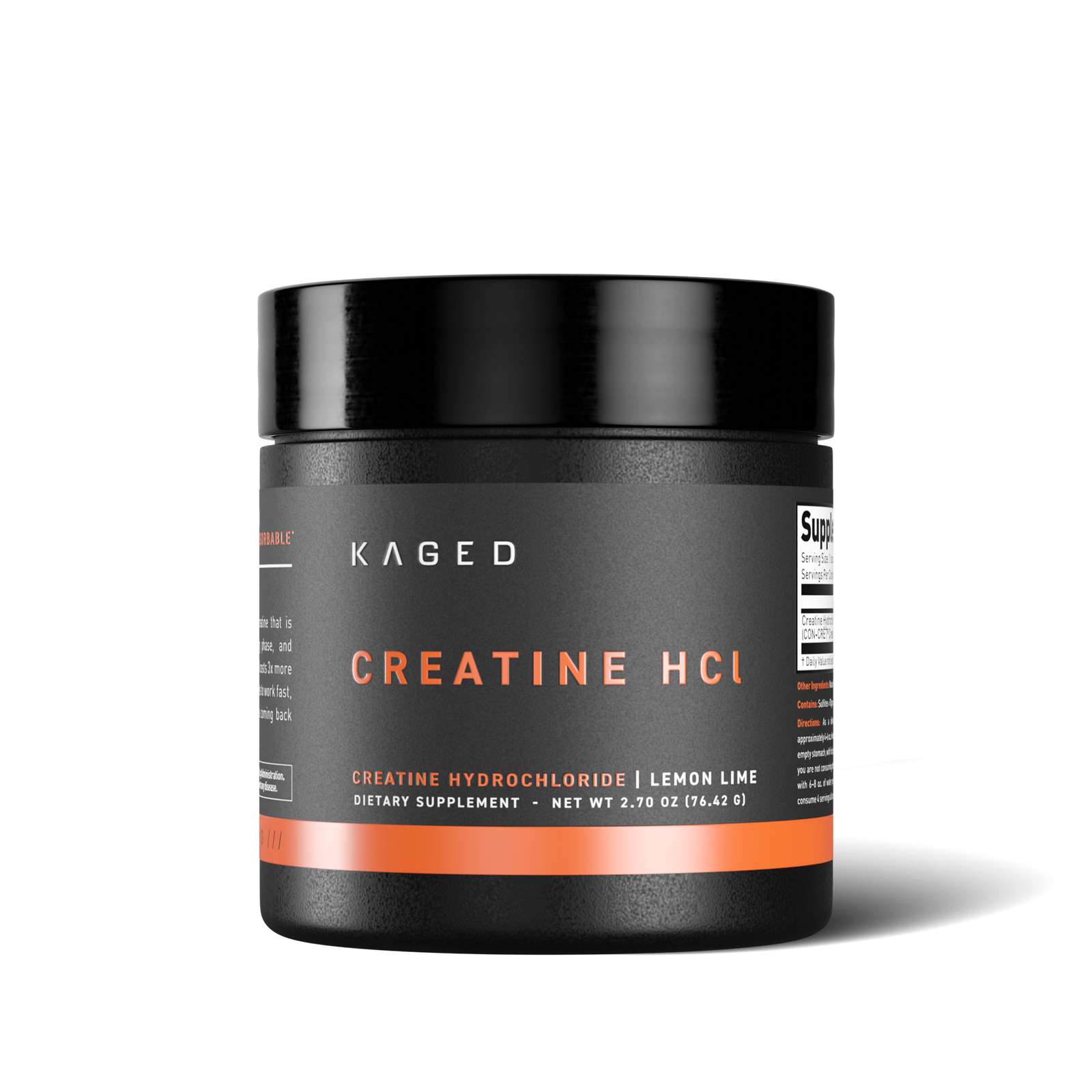 Front view of KAGED Creatine HCl jar showing CREATINE HCL label and lemon lime flavor with orange band on white background #flavor_lemon lime