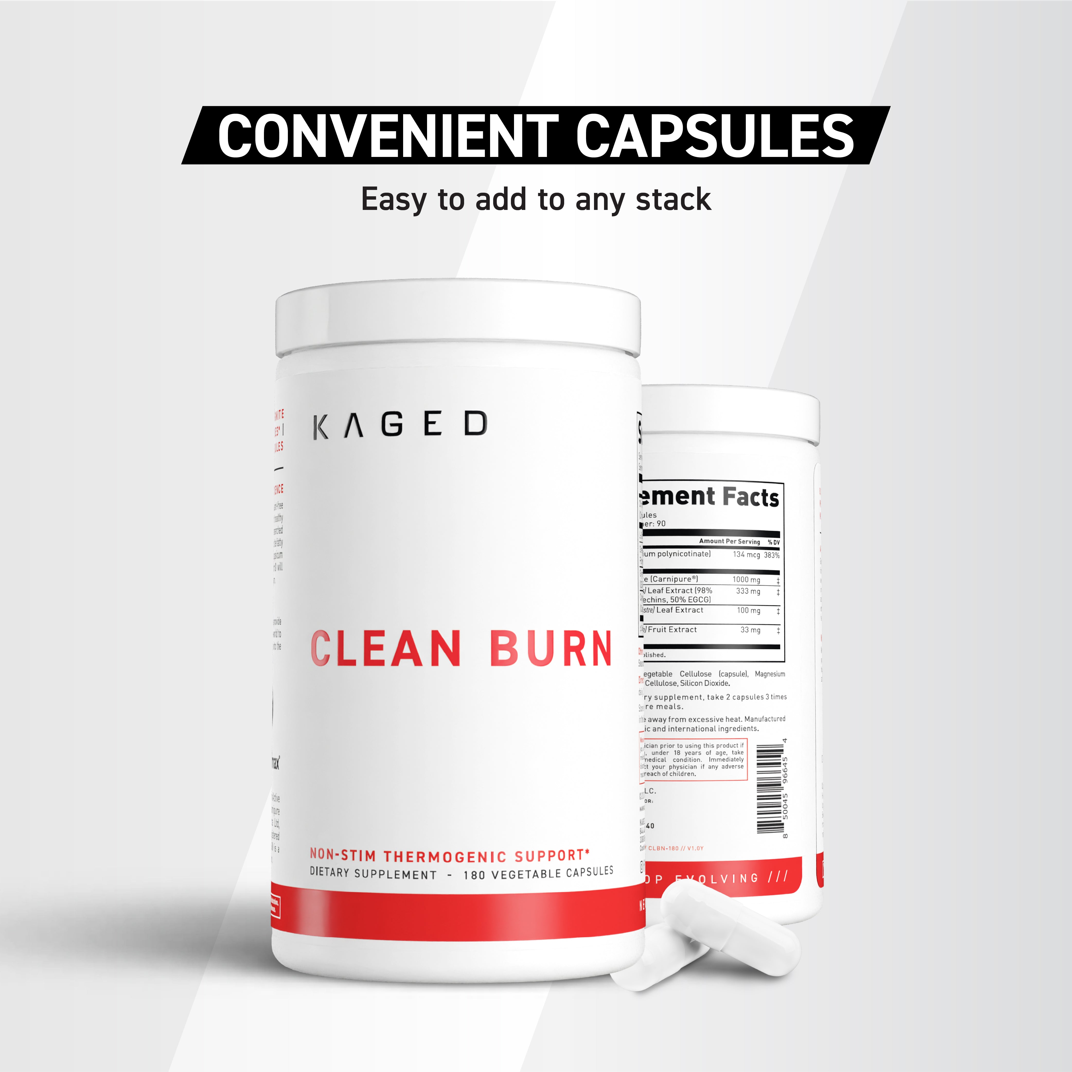 Close-up front view of Clean Burn supplement bottle showing label CLEAN BURN and headline CONVENIENT CAPSULES