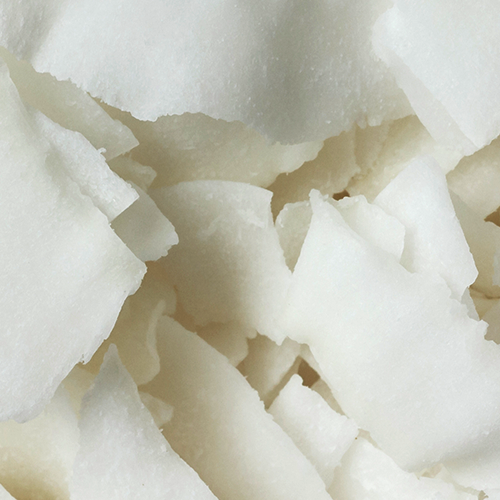 Close-up of freeze-dried coconut water powder flakes showcasing flaky texture on white background