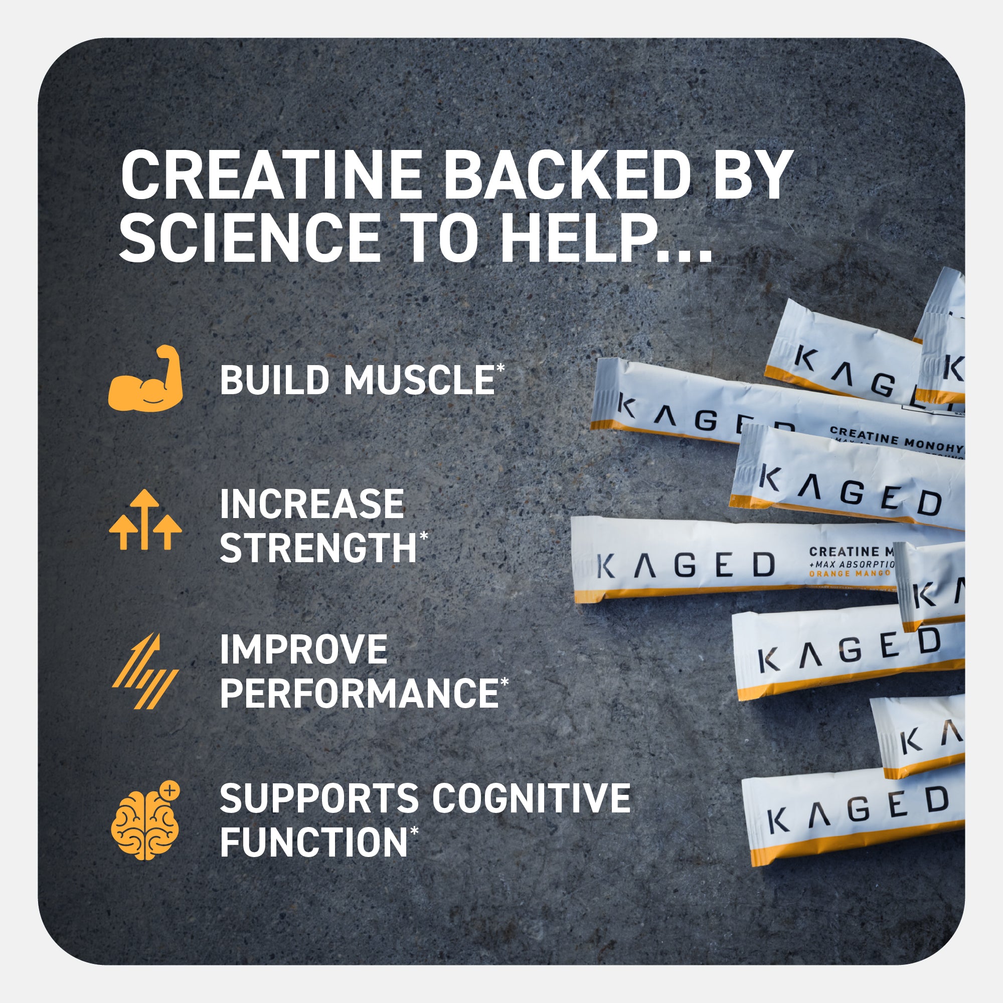 Banner 'CREATINE BACKED BY SCIENCE TO HELP...' with KAGED creatine stick packs and benefits: build muscle, increase strength