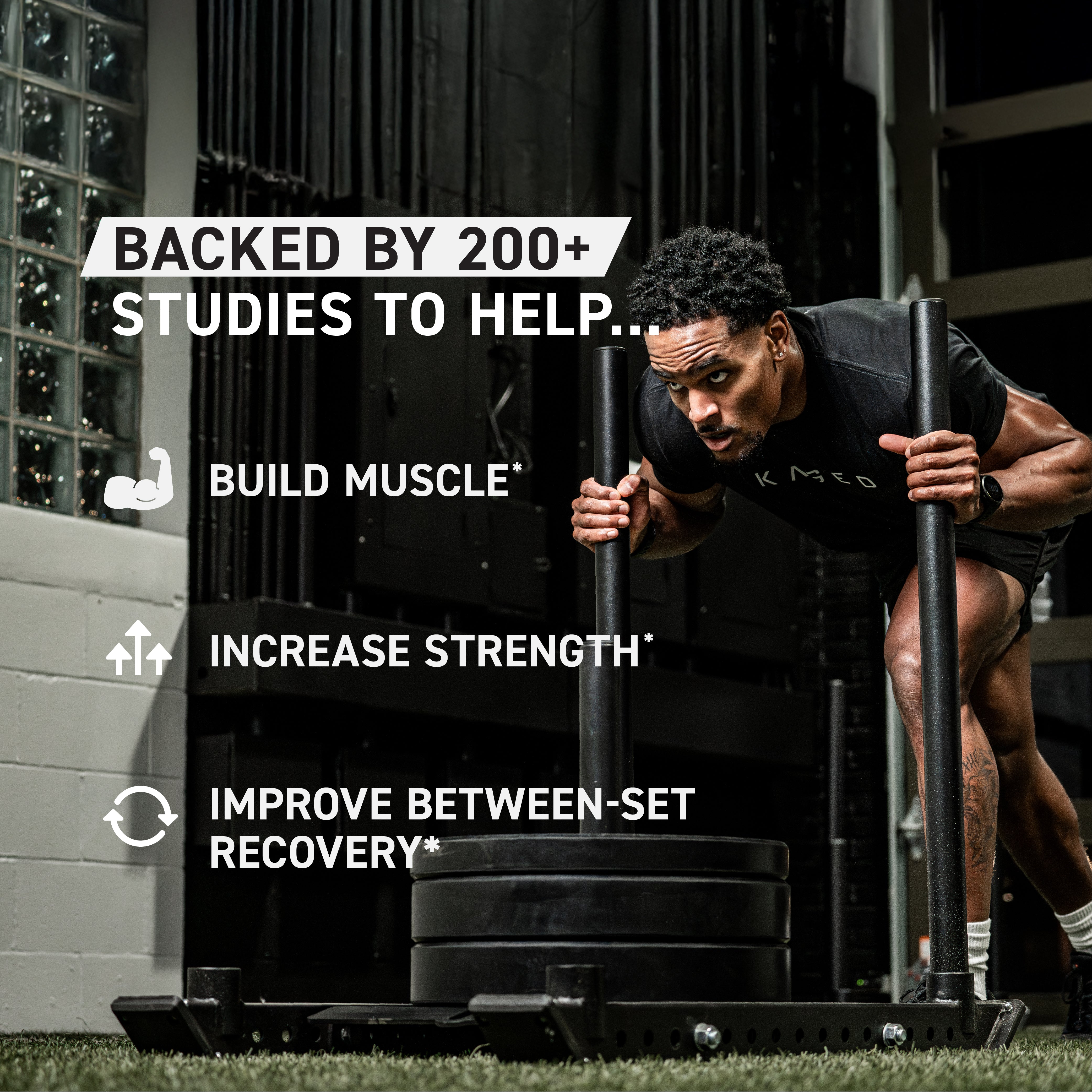Promotional banner showing headline "Backed by 200+ studies to help..." with an athlete pushing a sled to illustrate creatine benefits