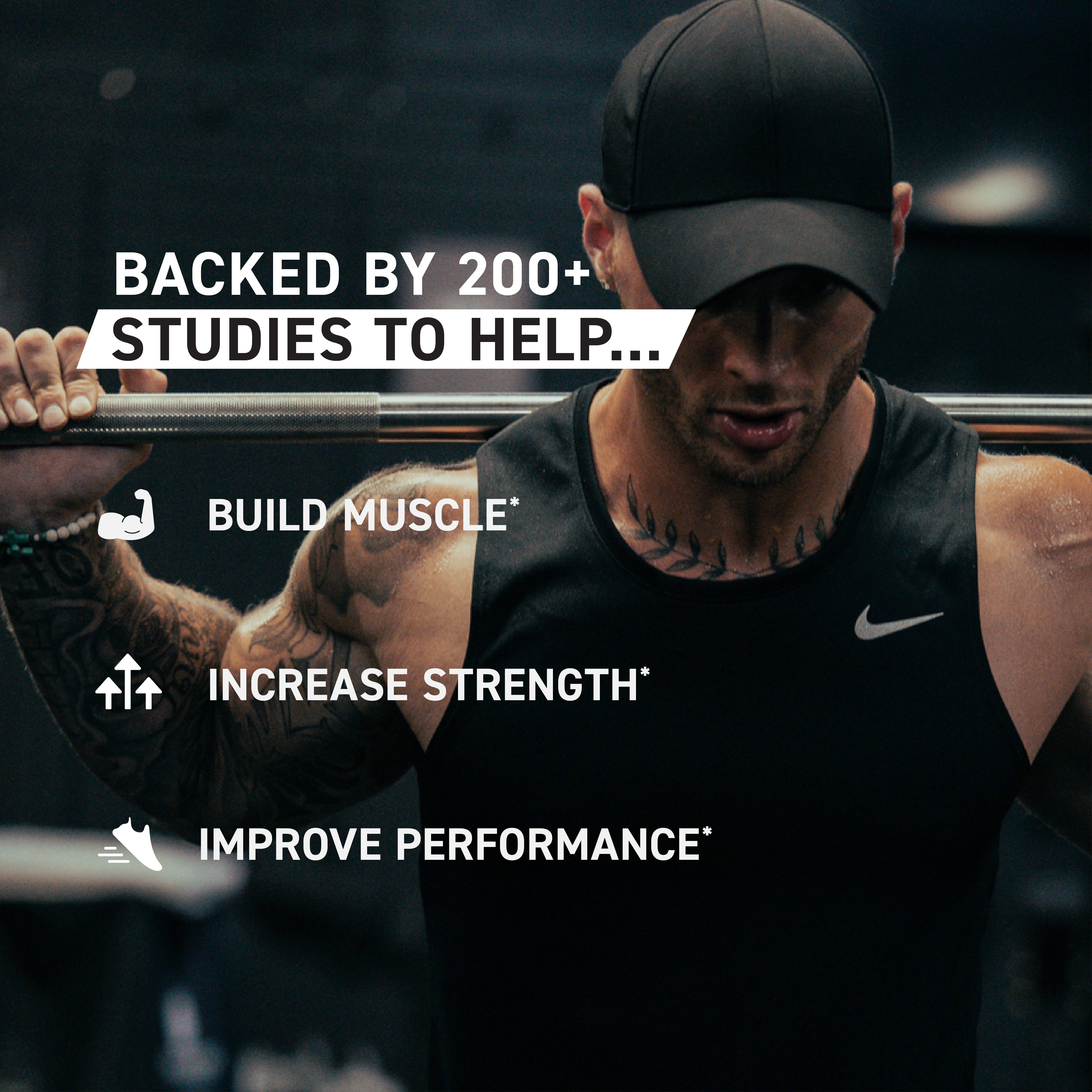 Promotional banner reading Backed by 200+ studies to help build muscle, increase strength, improve performance