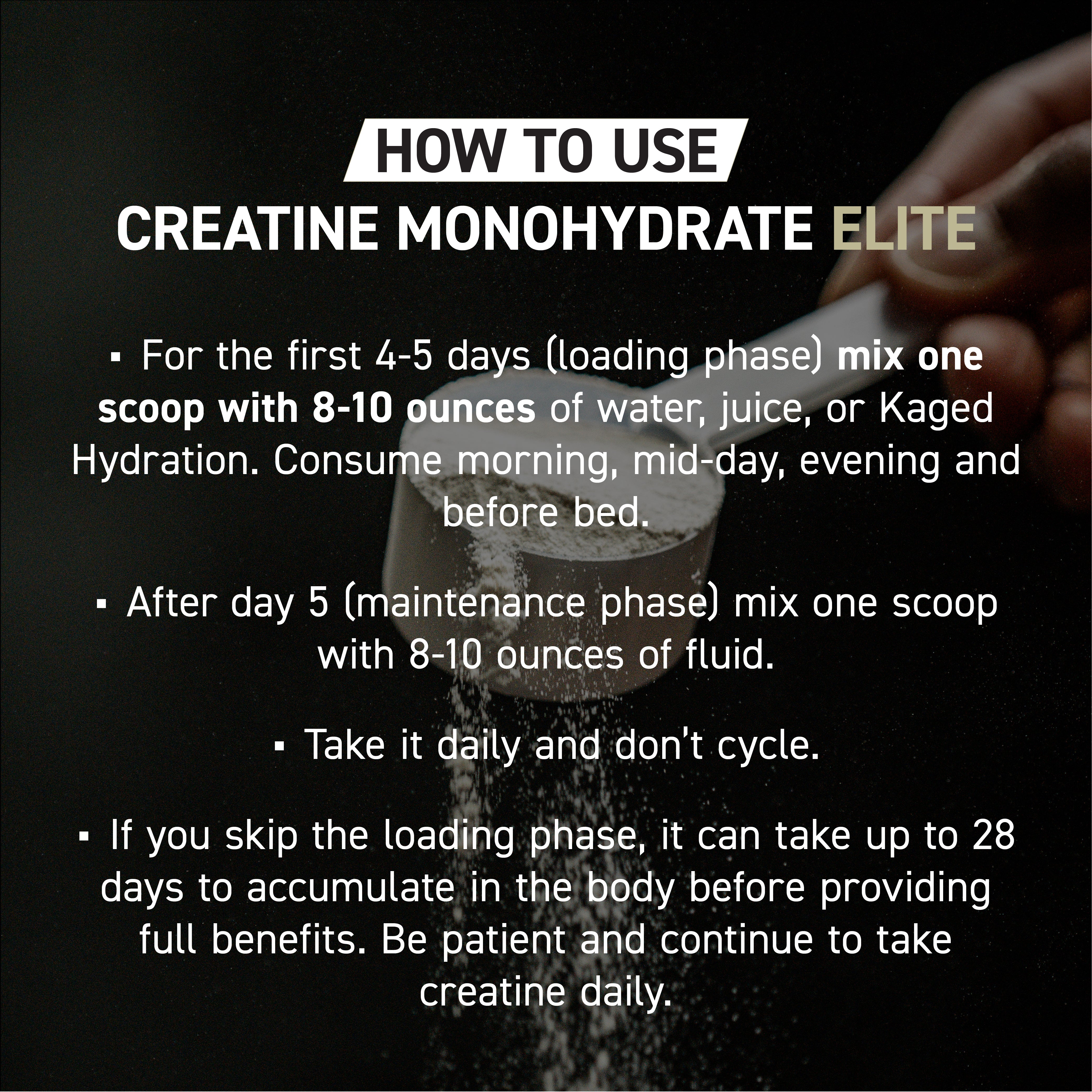 Instruction panel showing how to use Creatine Monohydrate Elite with loading and maintenance dosing instructions