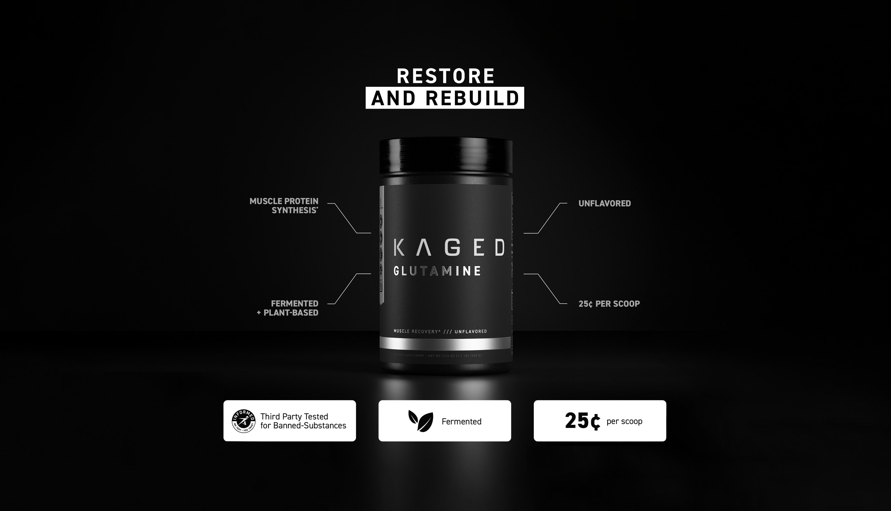 Front of KAGED Glutamine jar on dark background, headline Restore and Rebuild, fermented plant based and unflavored