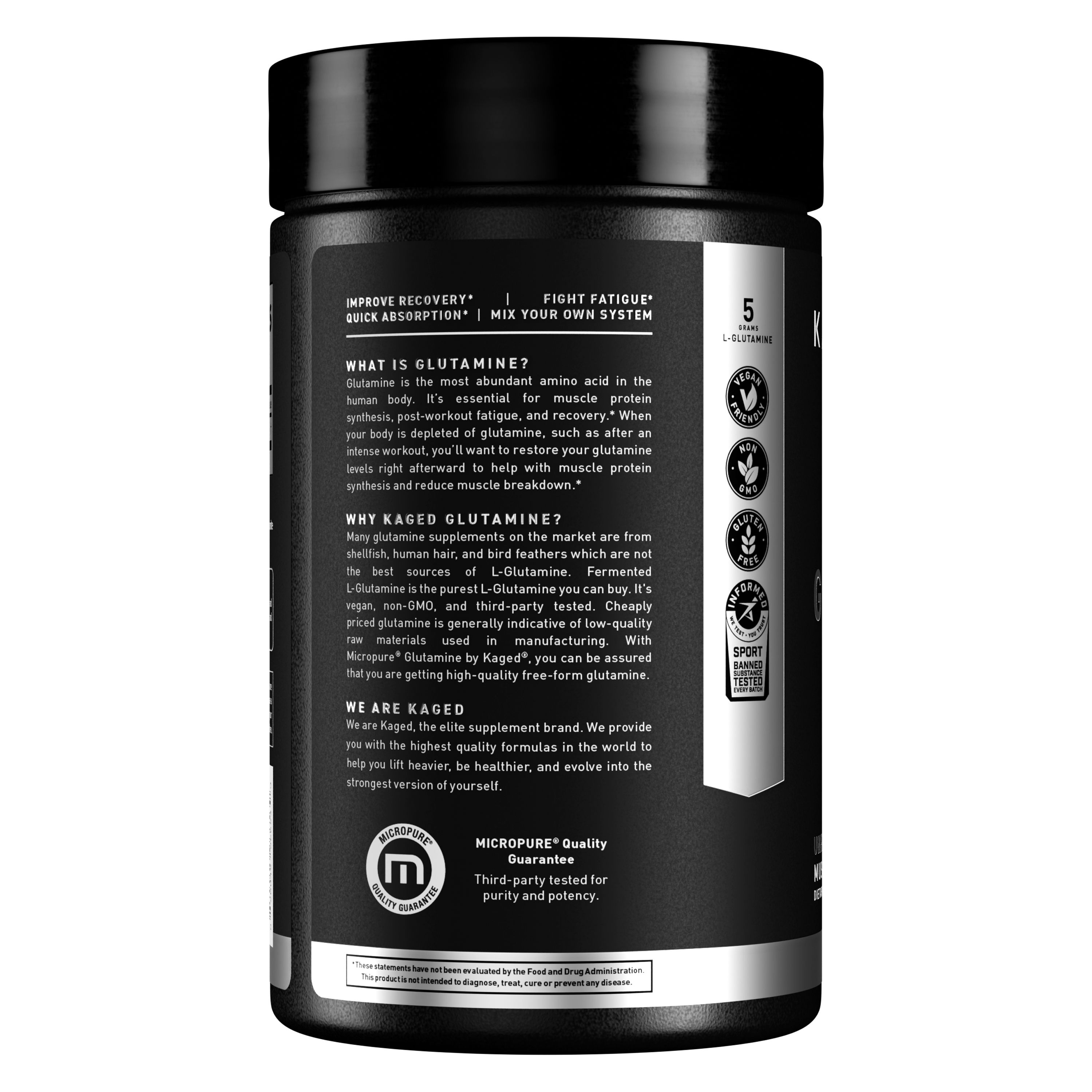 Right-side close-up of Kaged Glutamine jar label showing Improve recovery and Fight fatigue claims and a 5 grams L-glutamine callout