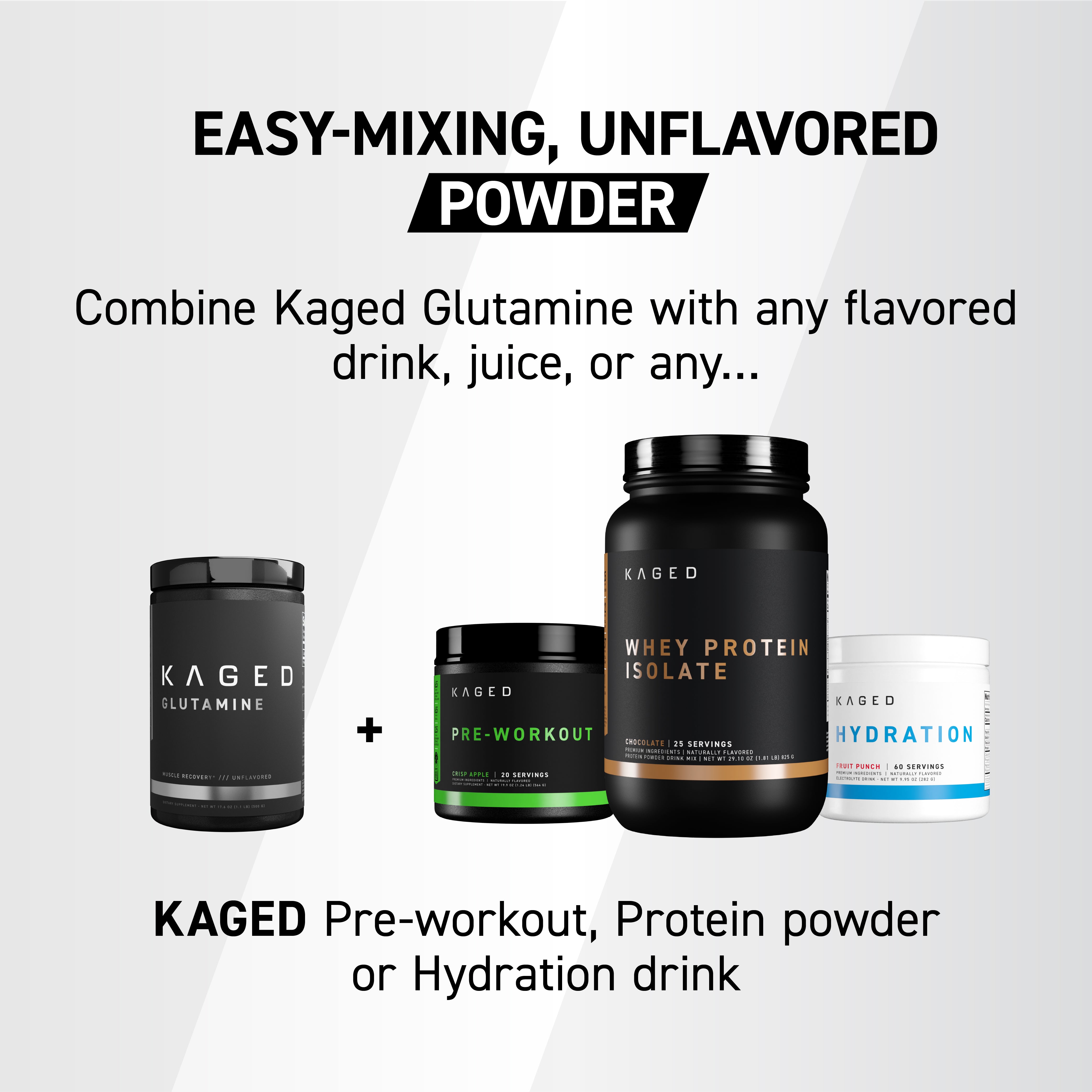 Kaged Glutamine unflavored powder jar, front view, with headline 'Easy-mixing, unflavored powder' and other Kaged supplements