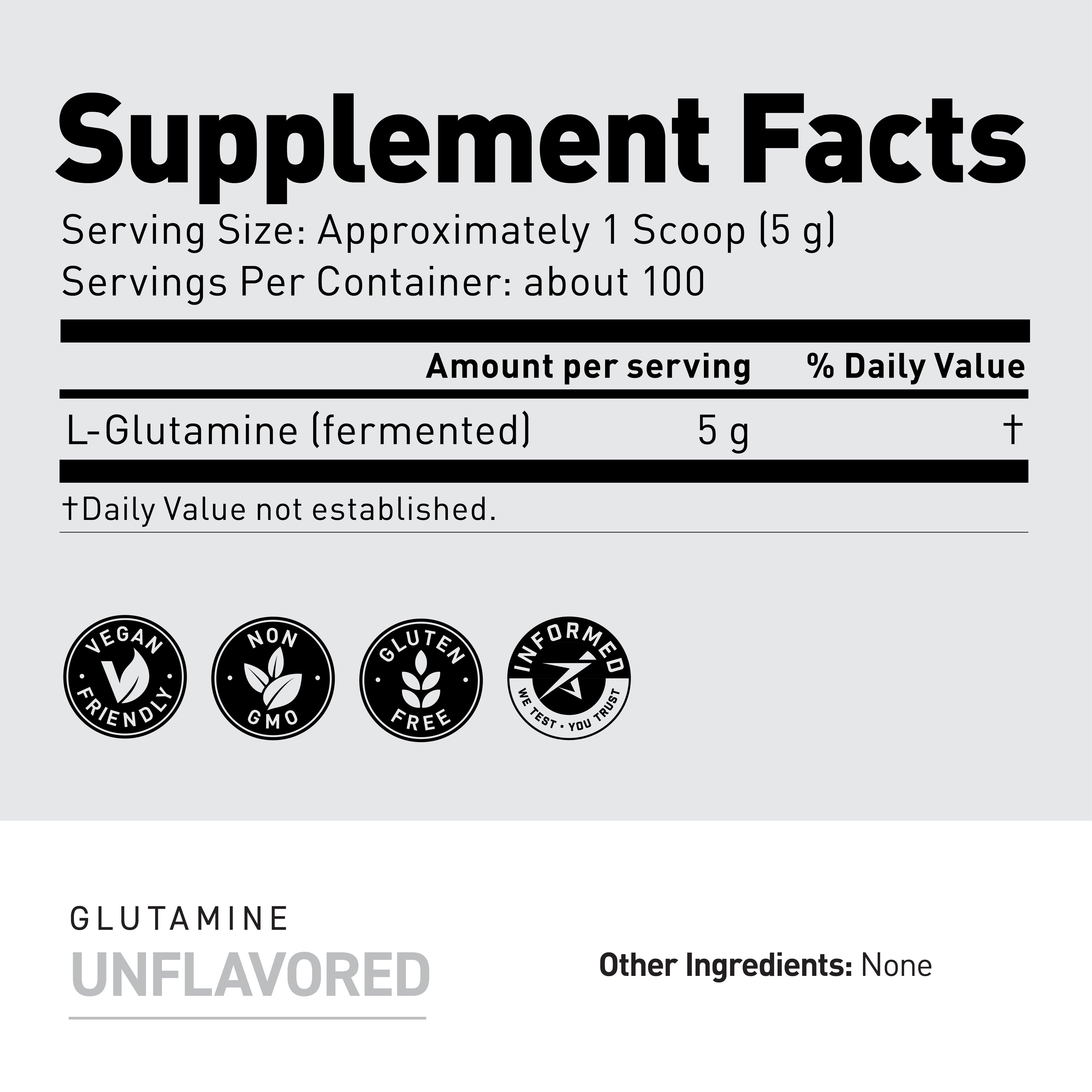 Supplement facts showing serving size approx 1 scoop (5 g), 100 servings, L-Glutamine 5 g per serving, certification icons