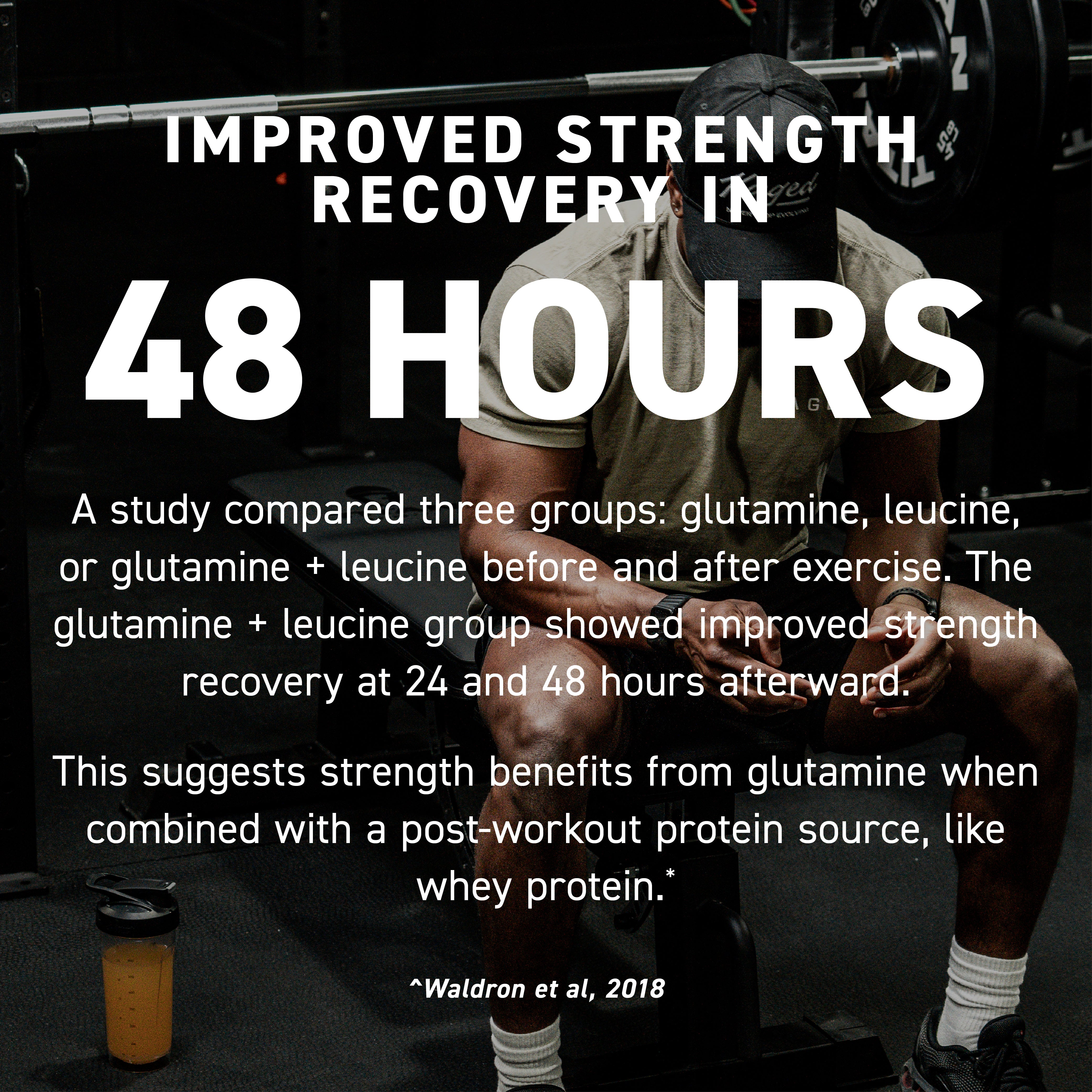 Promotional banner showing headline "Improved strength recovery in 48 hours" over a seated athlete in a gym