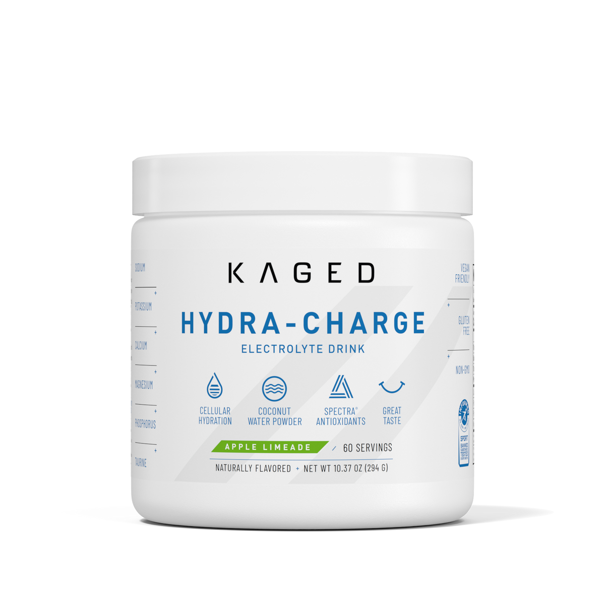 Front view of Hydra-Charge hydration powder container showing large HYDRATION label and Apple Limeade flavor on white background #flavor_apple limeade