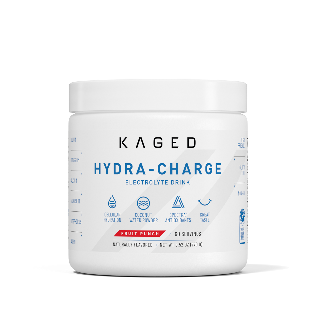 Front view of Hydra-Charge tub showcasing KAGED logo, HYDRATION headline and Fruit Punch flavor label #flavor_fruit punch