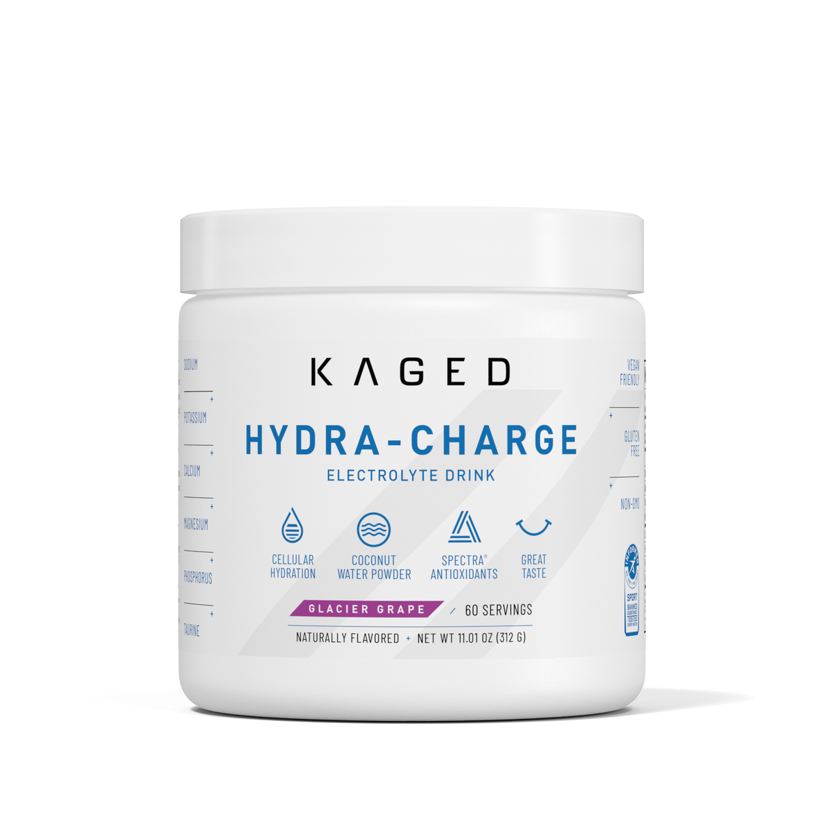 Front of Hydra-Charge tub, Glacier Grape, 60 servings, showing KAGED logo and large HYDRATION label on white background #flavor_glacier grape