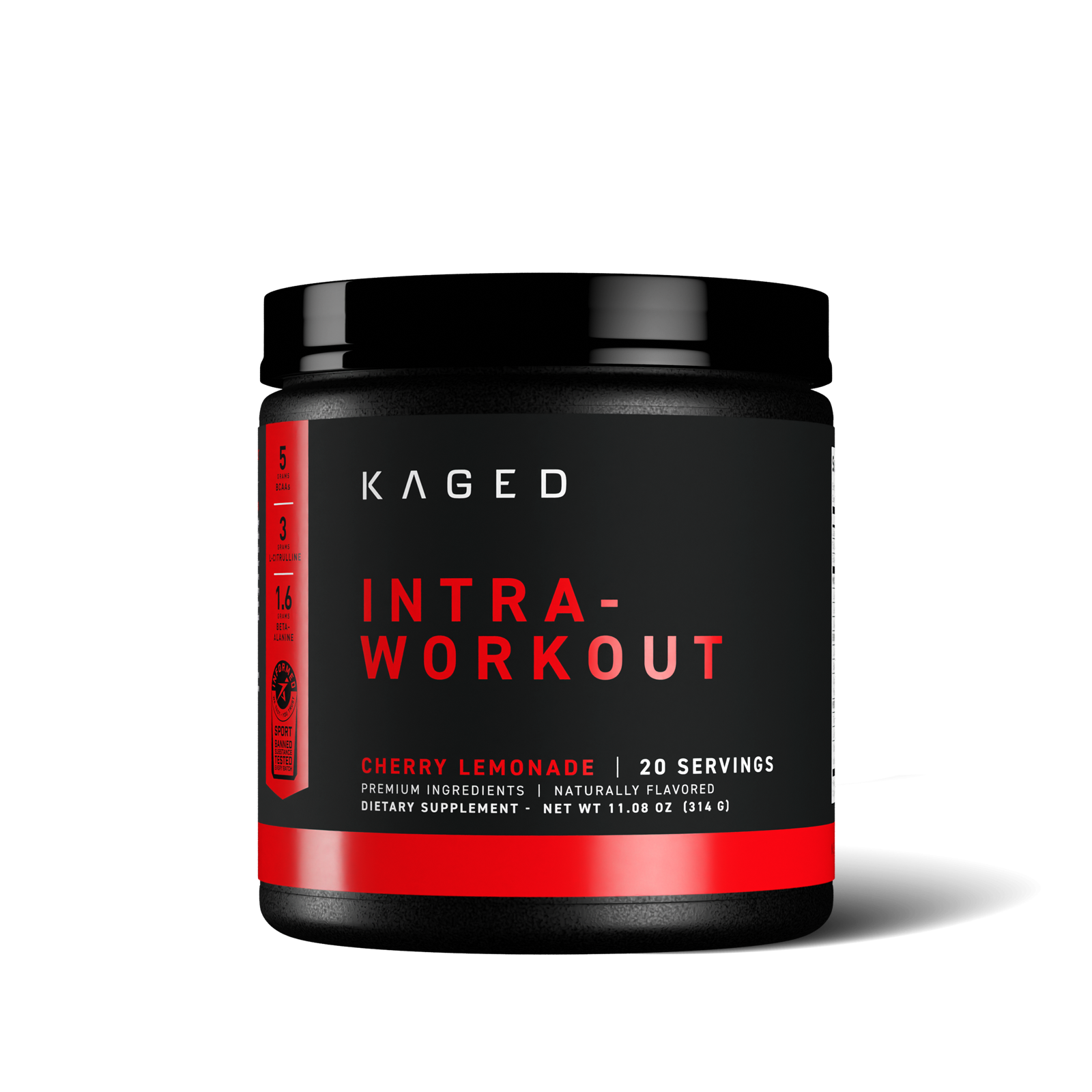 Front view of In-Kaged Intra-Workout supplement tub showing black label with red INTRA-WORKOUT text and Cherry Lemonade flavor #flavor_cherry lemonade
