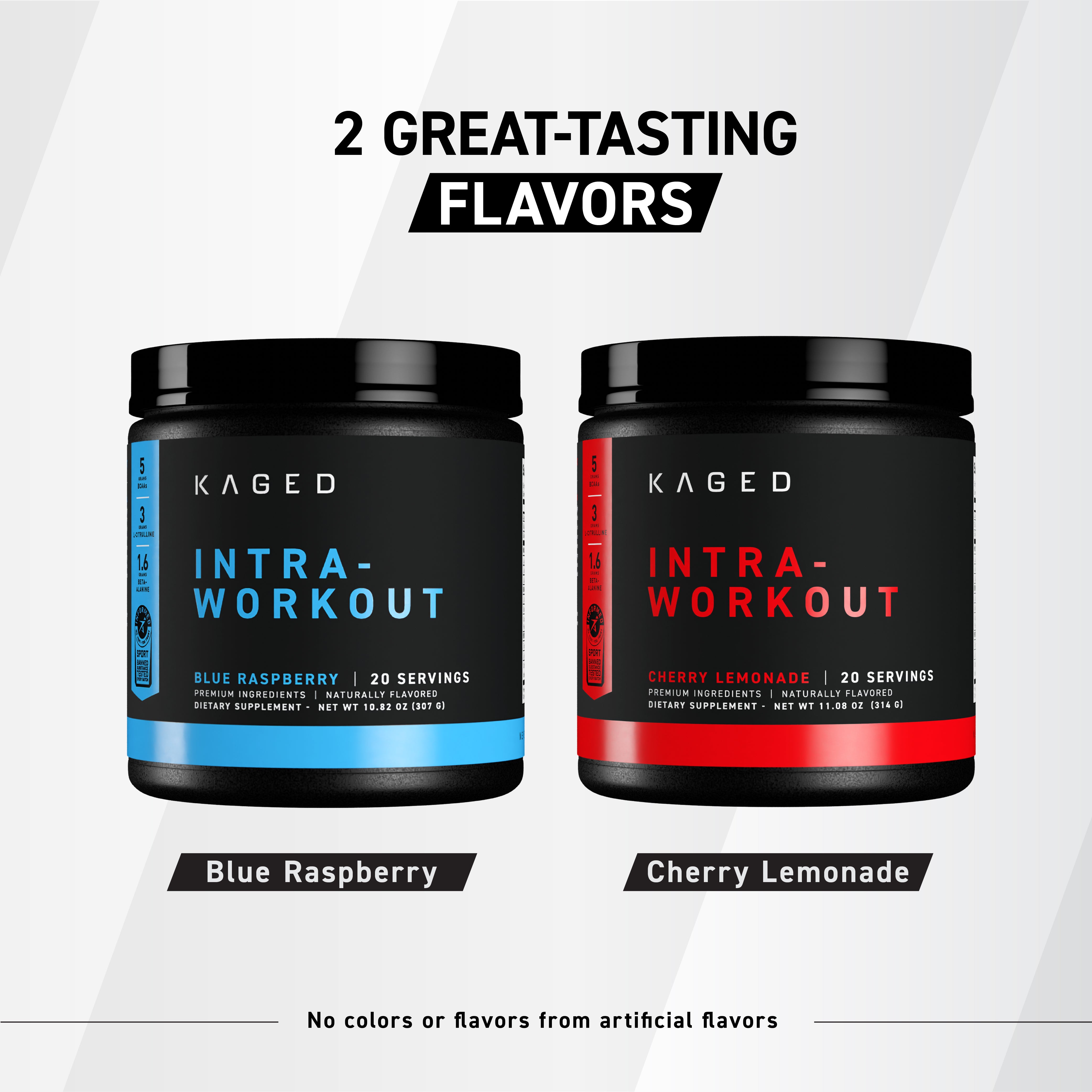 Front view of Intra-Workout tubs showing Blue Raspberry and Cherry Lemonade flavors with headline '2 GREAT-TASTING FLAVORS'