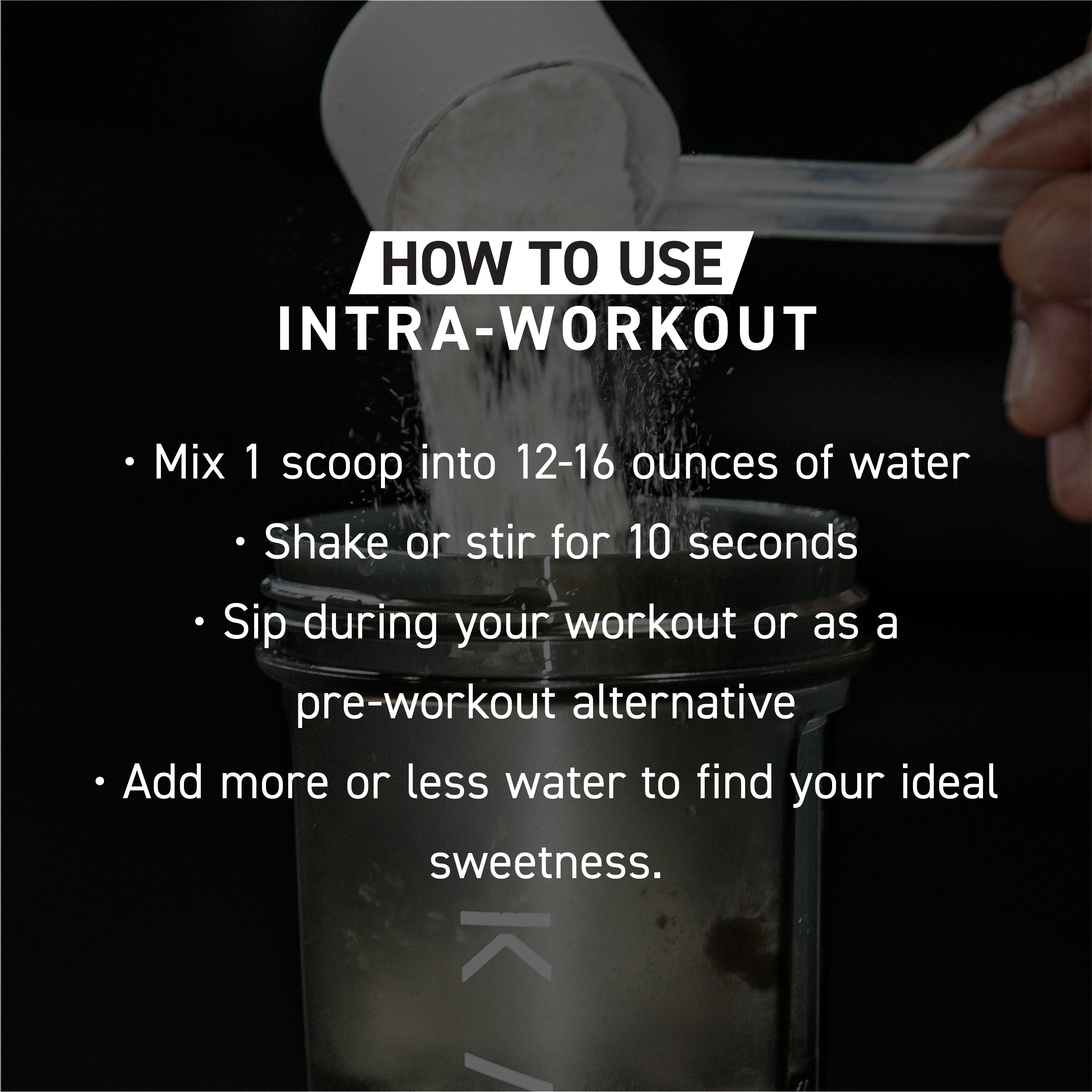 How to Use Intra-Workout instructional graphic showing a scoop pouring powder into a shaker with mixing and serving steps