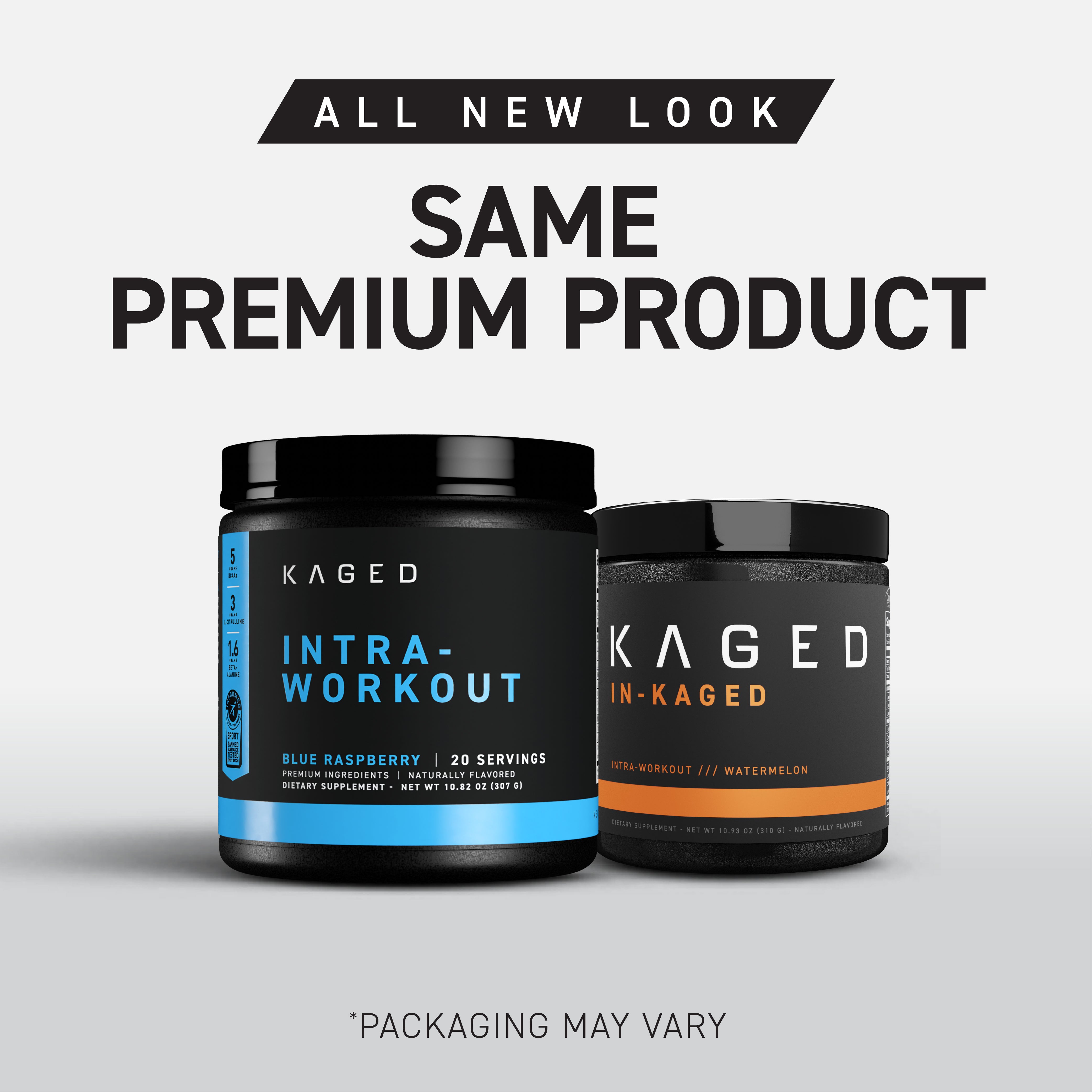 Front view of two KAGED intra-workout supplement tubs, blue raspberry and watermelon, with large banner text SAME PREMIUM PRODUCT visible