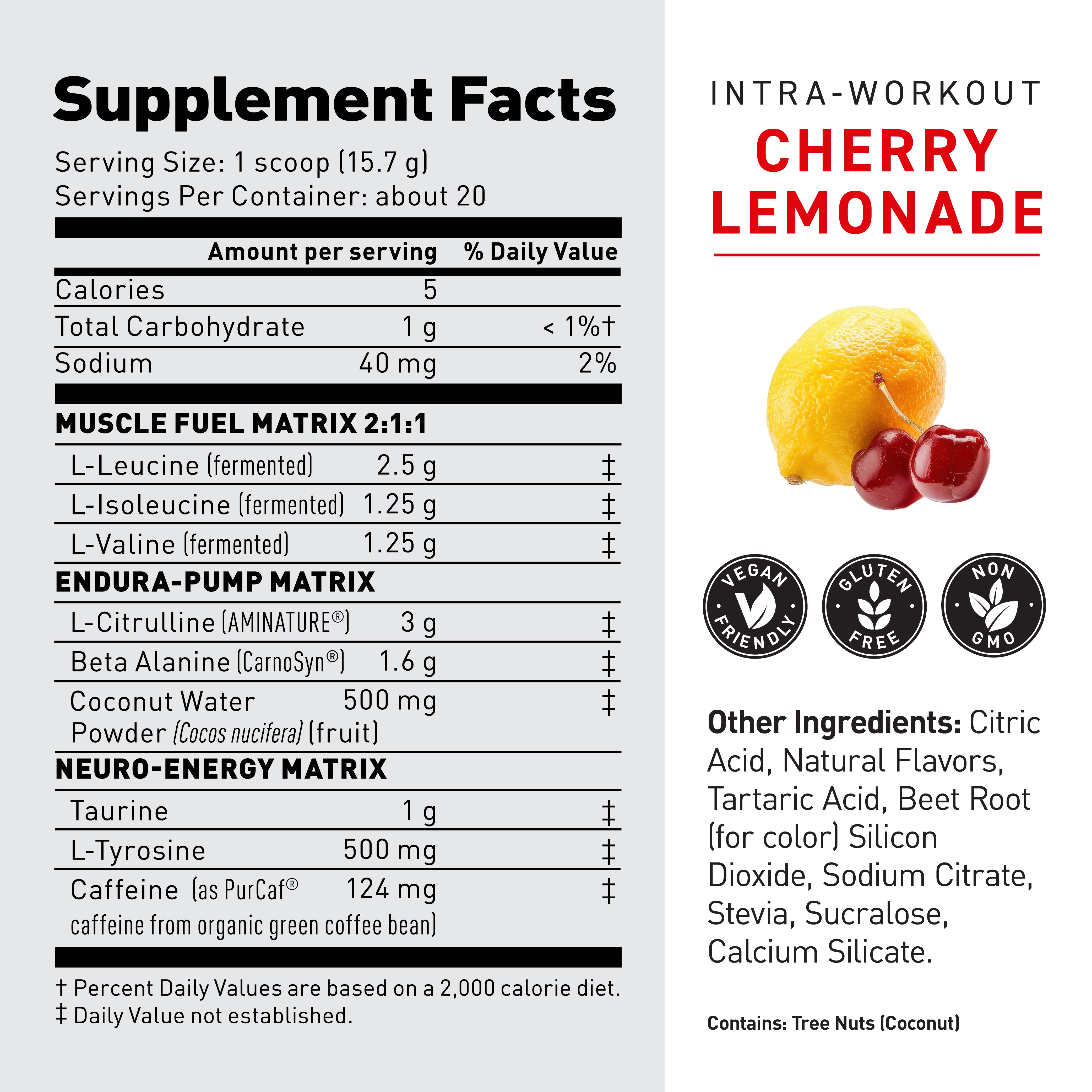 Close-up of In-Kaged Intra-Workout label showing CHERRY LEMONADE flavor text, supplement facts, and fruit images #flavor_cherry lemonade
