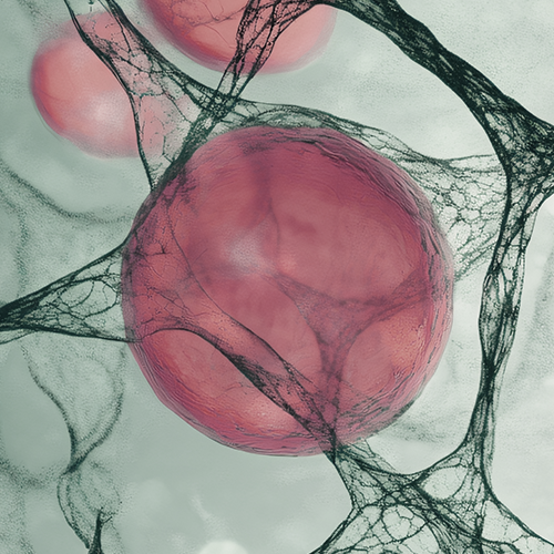 Illustration of pink cellular spheres and dark mesh representing fermented L‑glutamine ingredient