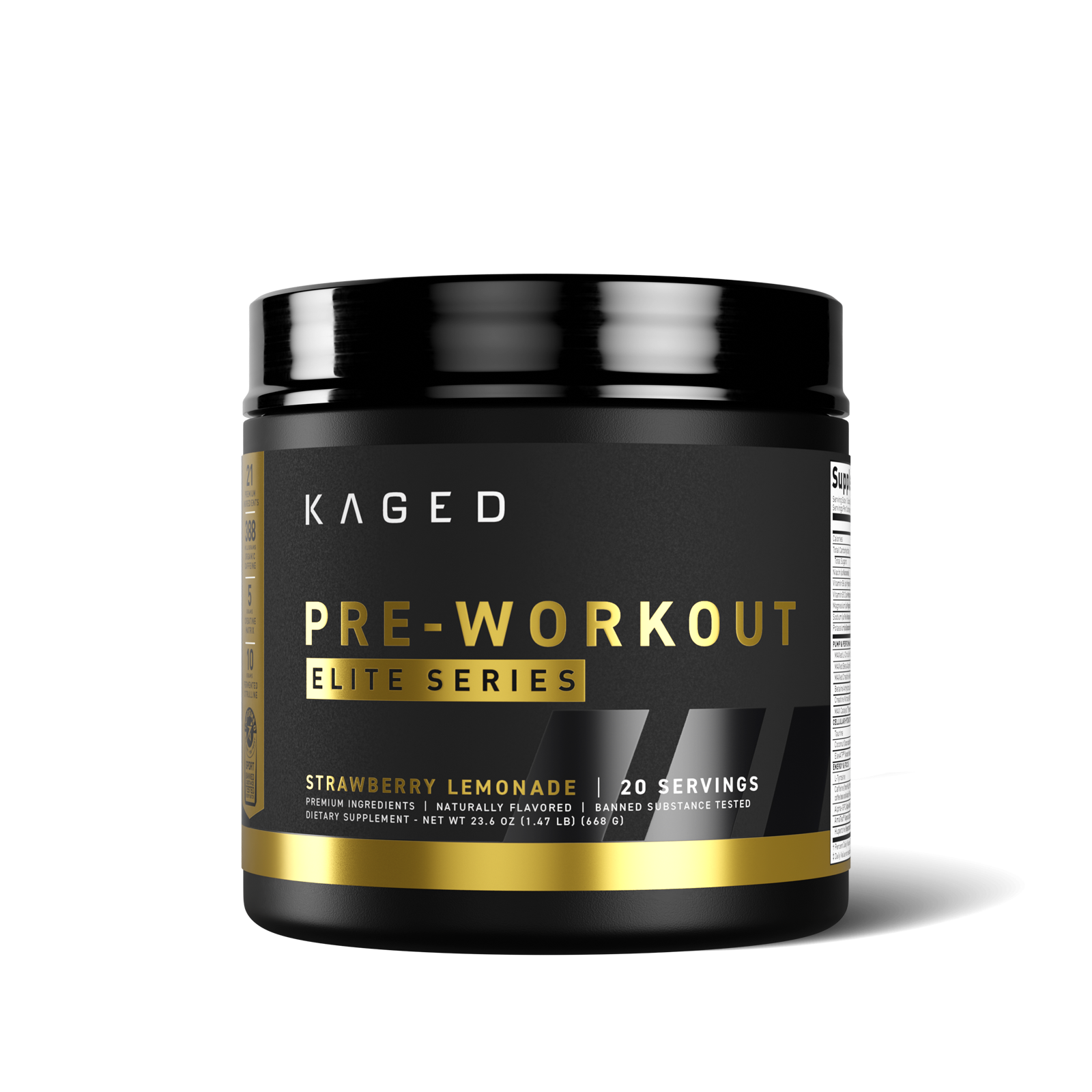 Front view of Pre-Workout Elite tub showing gold and black label reading Strawberry Lemonade 20 servings on white background #flavor_strawberry lemonade