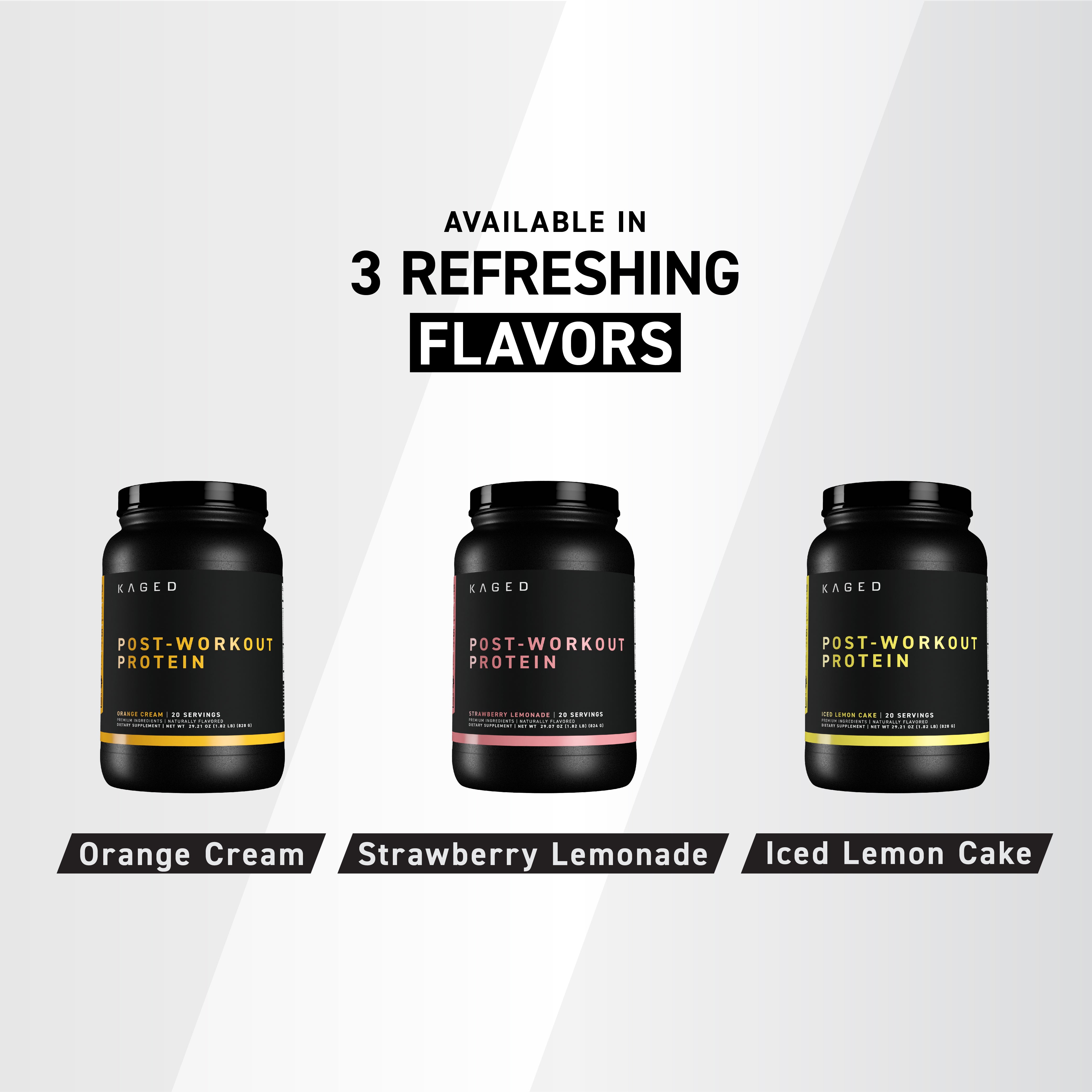 Front view of Re-Kaged Post-Workout Protein tubs showing three flavor variants with headline "Available in 3 refreshing flavors" on a light gradient background