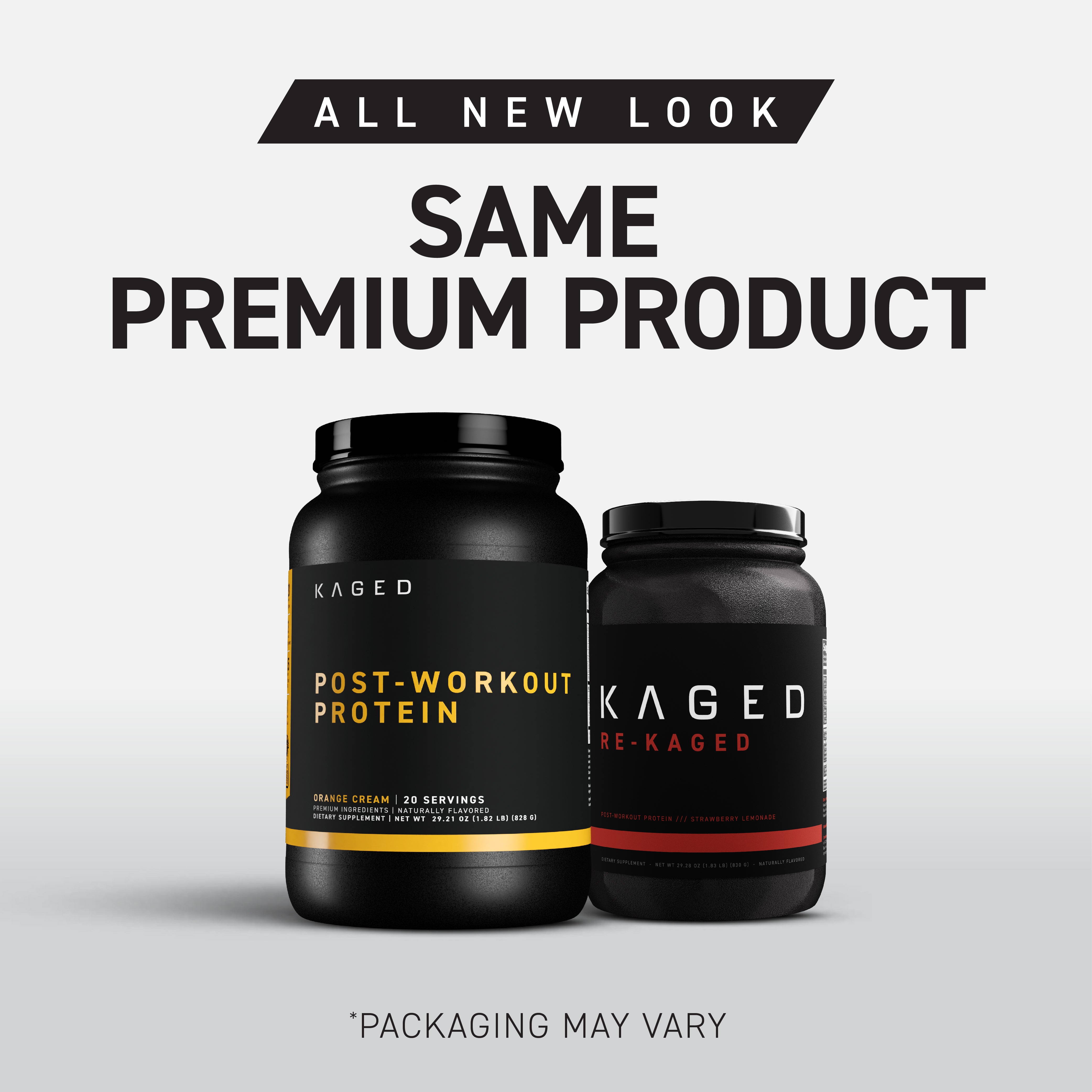Promotional banner showing Same premium product headline, two tubs (Post-Workout Protein and Re-Kaged) and Packaging may vary