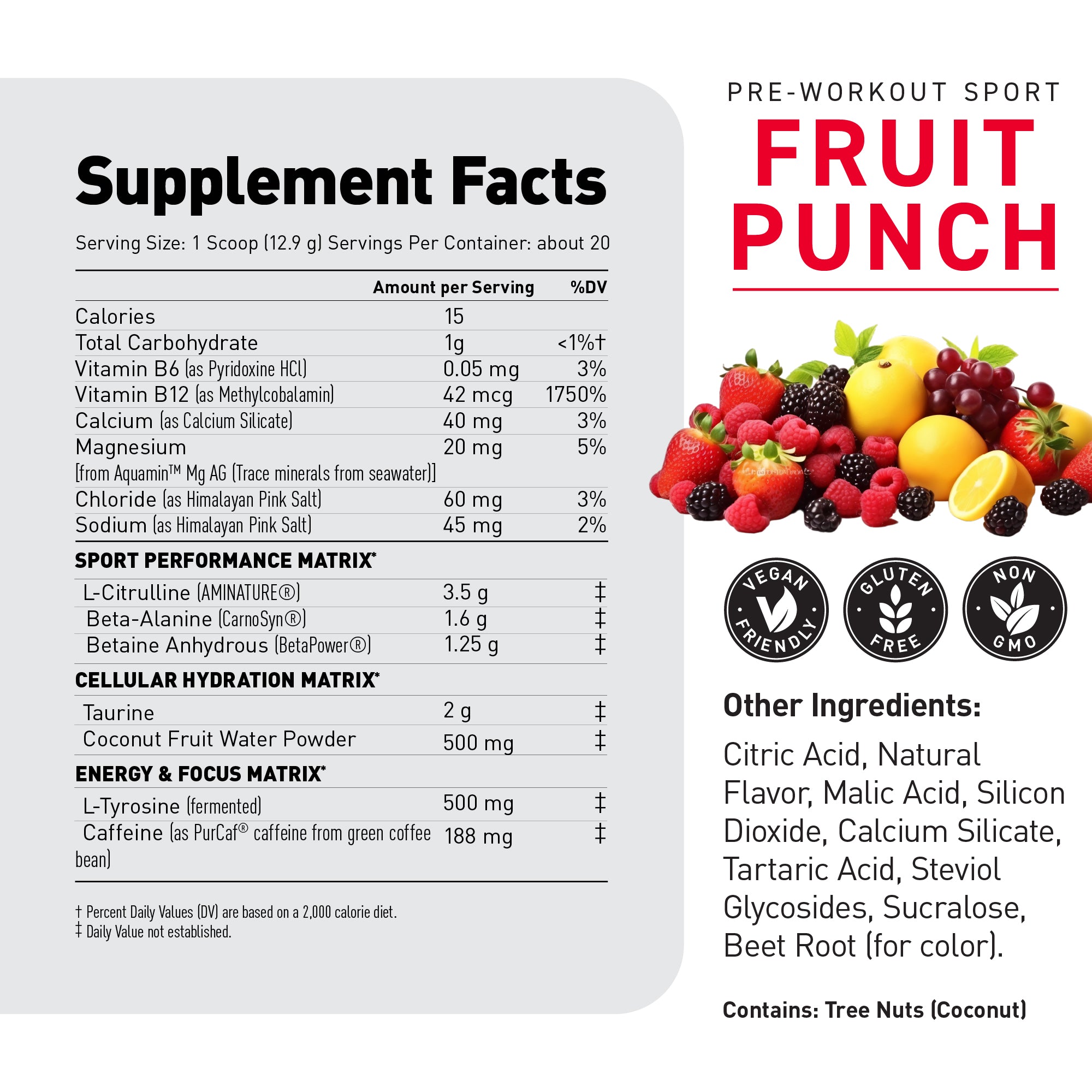 Product label showing Supplement Facts table and large PRE-WORKOUT SPORT FRUIT PUNCH flavor text with fruit photo #flavor_fruit punch