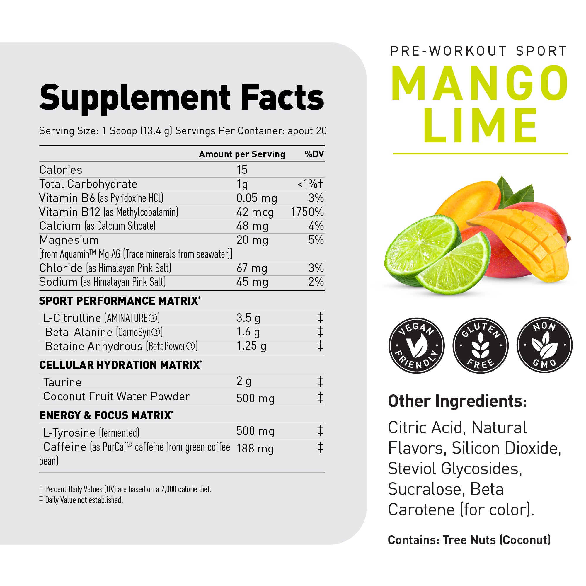 Close-up of Pre-Workout Sport label showing Supplement Facts panel and large MANGO LIME flavor text with mango and lime artwork #flavor_mango lime